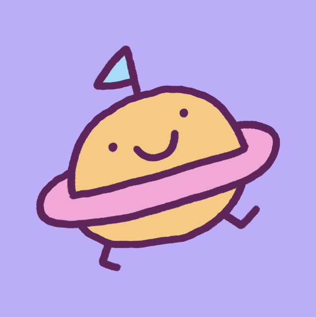 Simple handrawn cartoon planet with rings,a smiley face, and a flag on top.