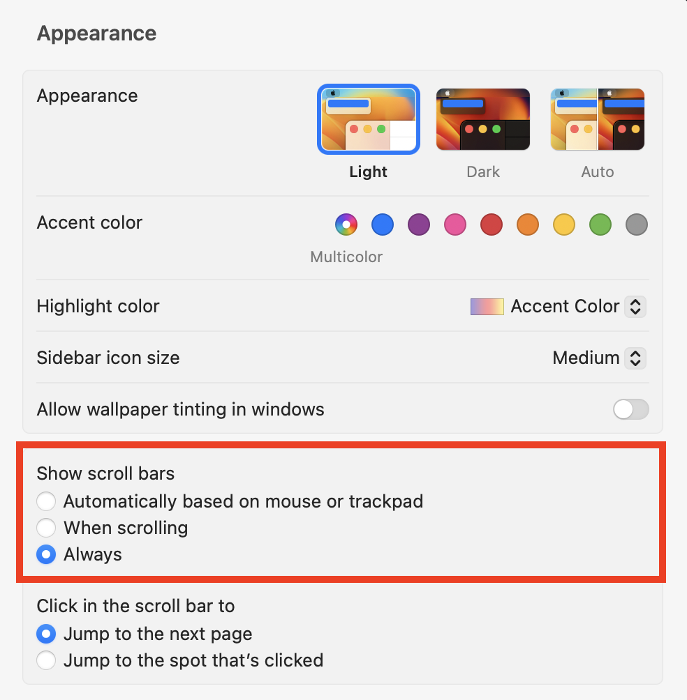 Screenshot of the macOS Appearance setting. I’m highlighting the scrollbar section I described in the post.