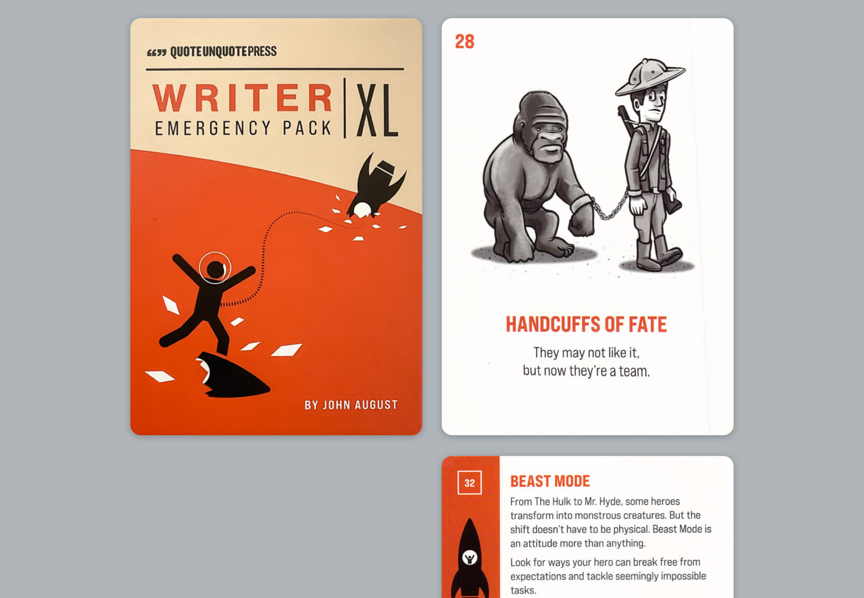 Another card has been pulled at random. The previous card has moved down the page to make room. The new card, number 28, has an illustration of a gorilla handcuffed to an explorer. The text says, Handcuffs of Fate: They may not like it, but now they’re a team.“