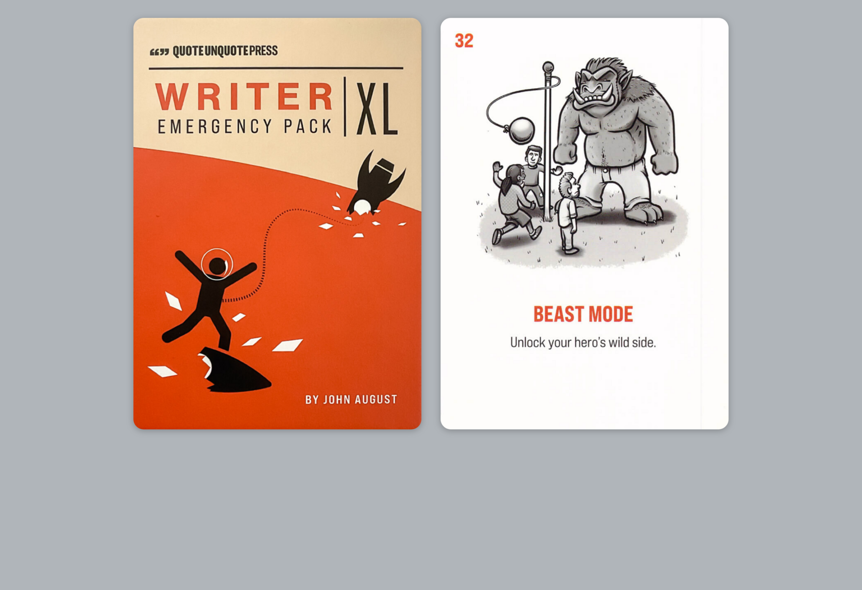 One card has been pulled at random. It’s now sitting to the right of the card deck cover. It’s card 32. It has an illustration of a beast standing next to some people playing tether ball. The text says “Beast Mode: Unlock your hero’s wild side.”