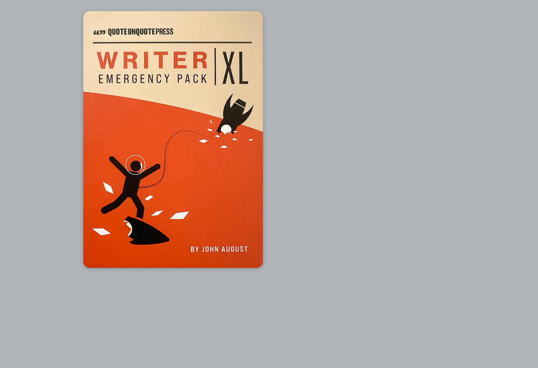 The Writer Emergency Pack XL (by John August) card deck cover resting on a gray background.