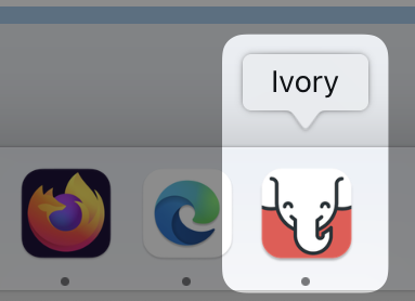 A screenshot of my macOS dock. Icons showing are Firefox, Edge, and Ivory. Ivory is using a custom icon—a modern, geometric line drawing of a white elephant head against a vibrant red background.