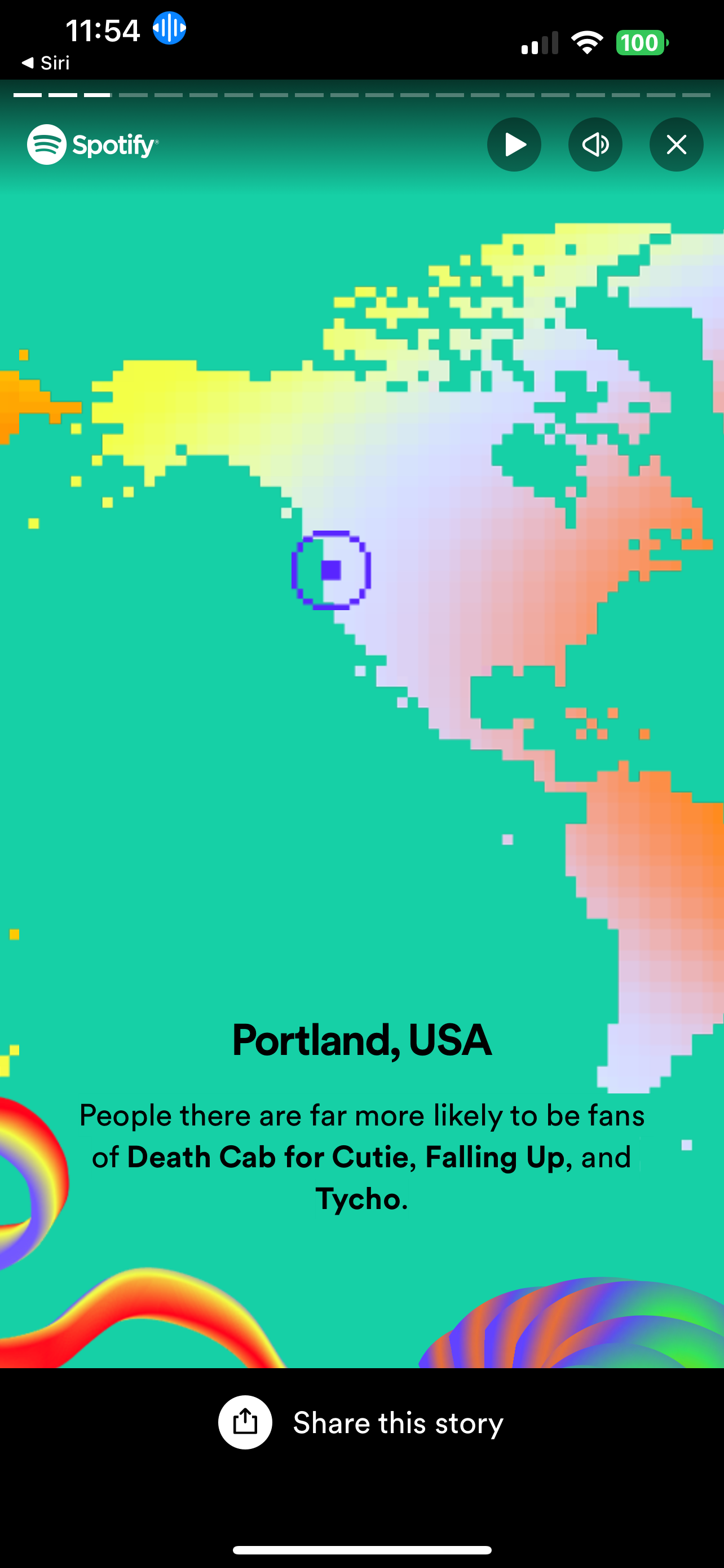 Spotify Wrapped screenshot showing Portland on a psychedelic world map. Text says “Portland, USA. People there are far more likely to be fans of Death Cab for Cutie, Falling Up, and Tycho.”