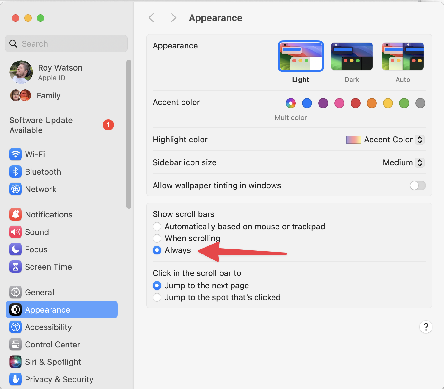 Screenshot of macOS Settings app, Appearance panel. Show scroll bars is set to Always.