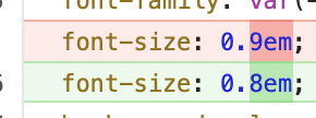 Screenshot of a CSS diff where I changed font-size of some element from 0.9em to 0.8em.
