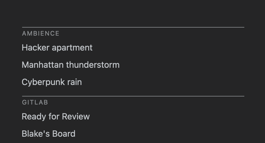 Screenshot of my new tab page browser extension, A Fine Start. Heading ambience, hacker apartment, Manhattan thunderstorm, cyberpunk rain. Heading Gitlab, ready for review, Blake's board.