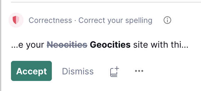 Screenshot of Grammarly suggestion that Neocities is misspelled and should be changed to Geocities.