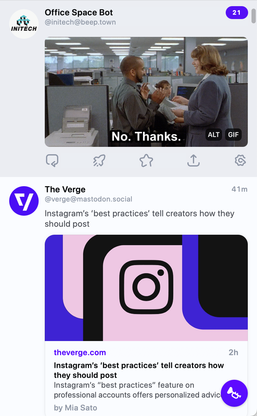 Ivory screenshot. There’s a Verge post titled “Instagram’s ‘best practices’ tell creators how they should post.” Right above it is a post from Office Space Bot with the line “No. Thanks.”