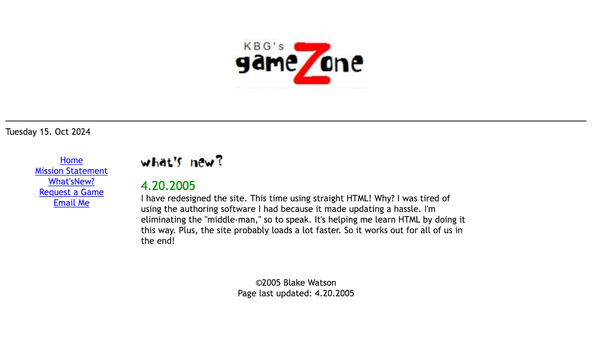 Screenshot of a plain looking website. Logo reads “KBG’s gameZone” and the page is titled “What’s new?” The single update there is dated April 20, 2005.