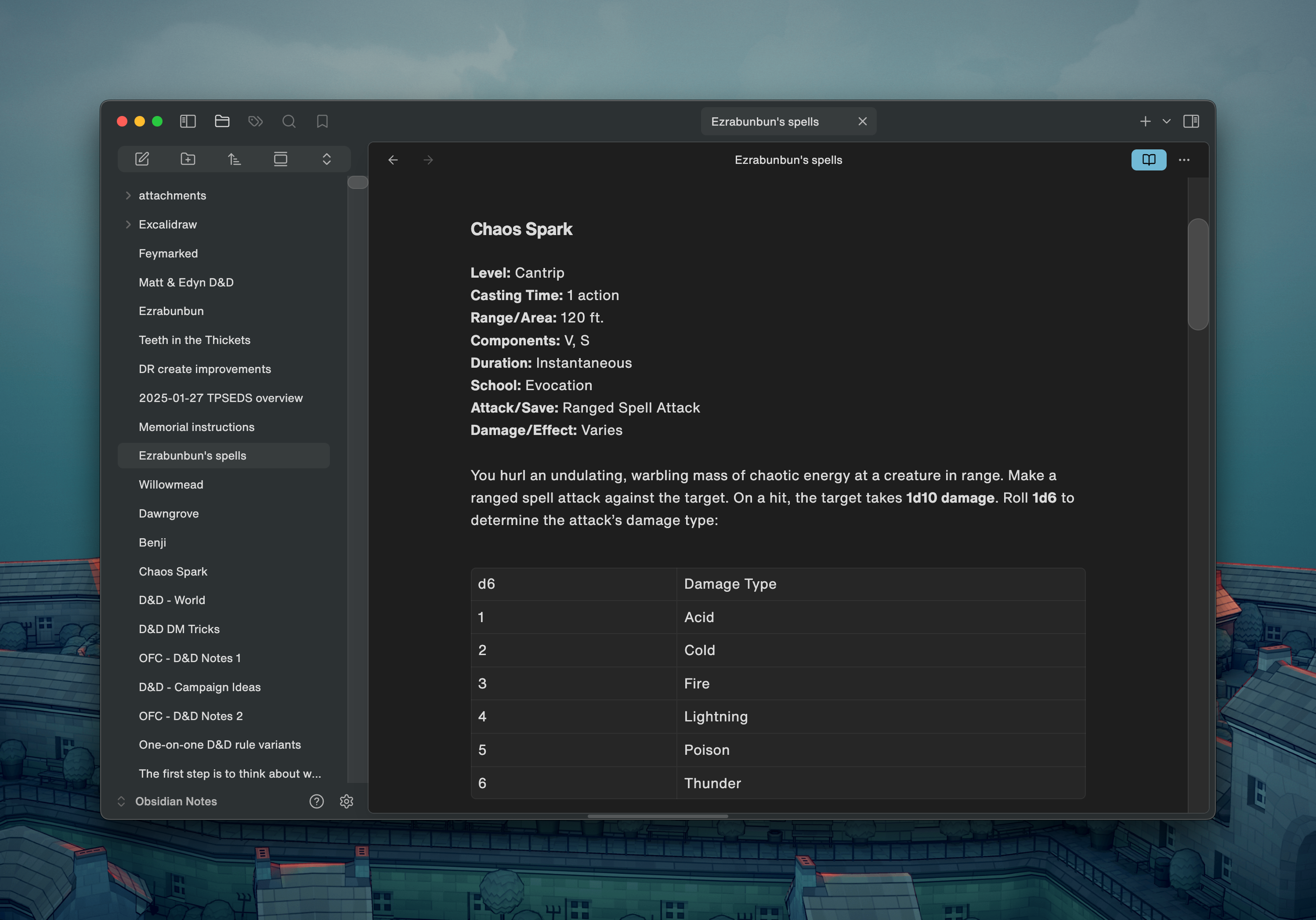 Screenshot of Obsidian shows a minimal, spacious layout in dark mode with subdued accents. In the main editor area has some text describing a D&D spell. It includes a nice-looking table. The scroll bars are two to three times wider than the native scrollbar would be.