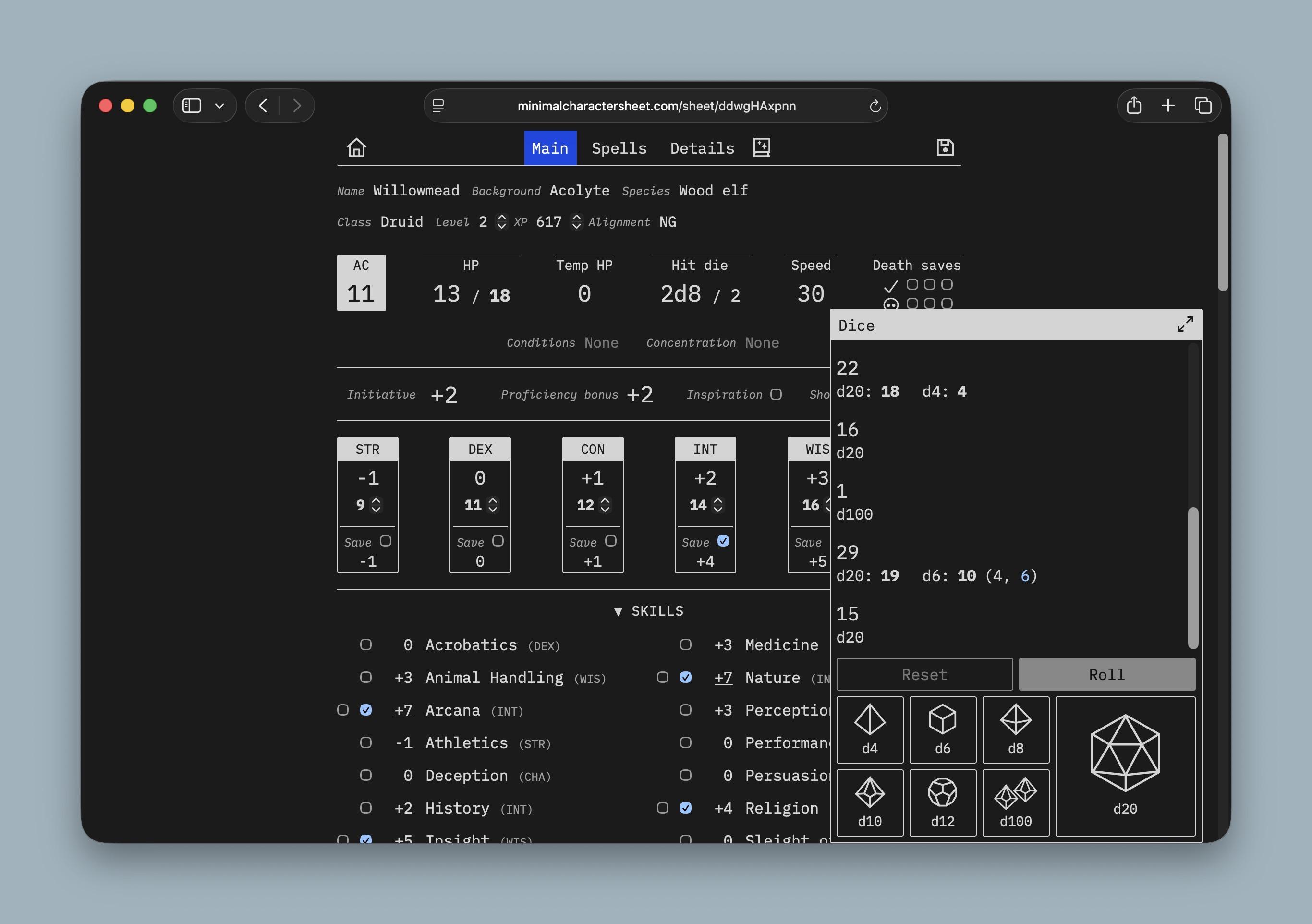 Main character stats page displaying hit points, armor class, abilities, saving throws, and basic character details for a level 2 druid. A floating dice panel is opened in the foreground showing various dice buttons and a log of previous rolls. Theme is currently using dark mode and has a terminal vibe.