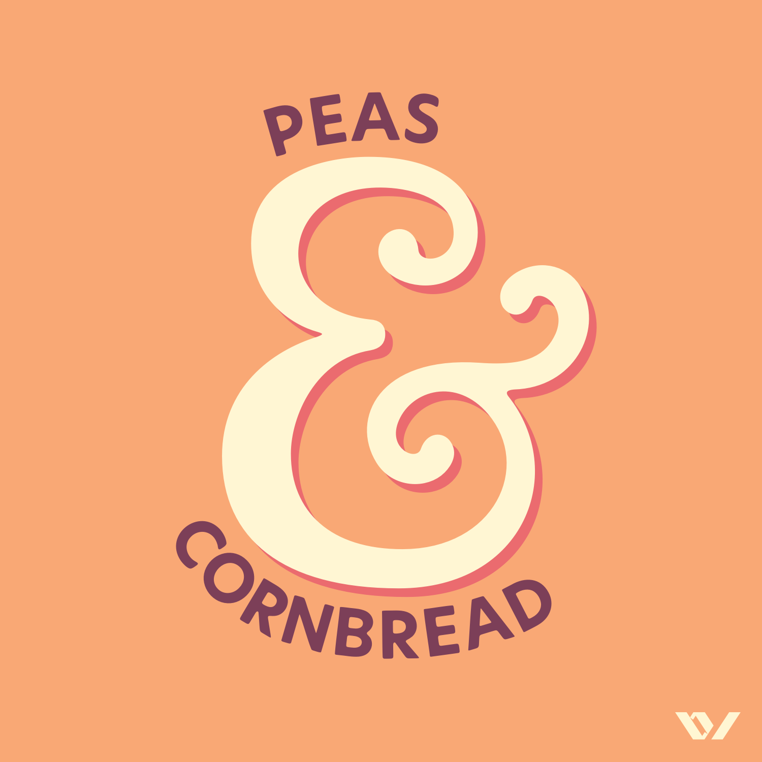 A lockup consisting of a large curvy ampersand, with text above and below. Warm color palette. It reads, Peas & Cornbread.