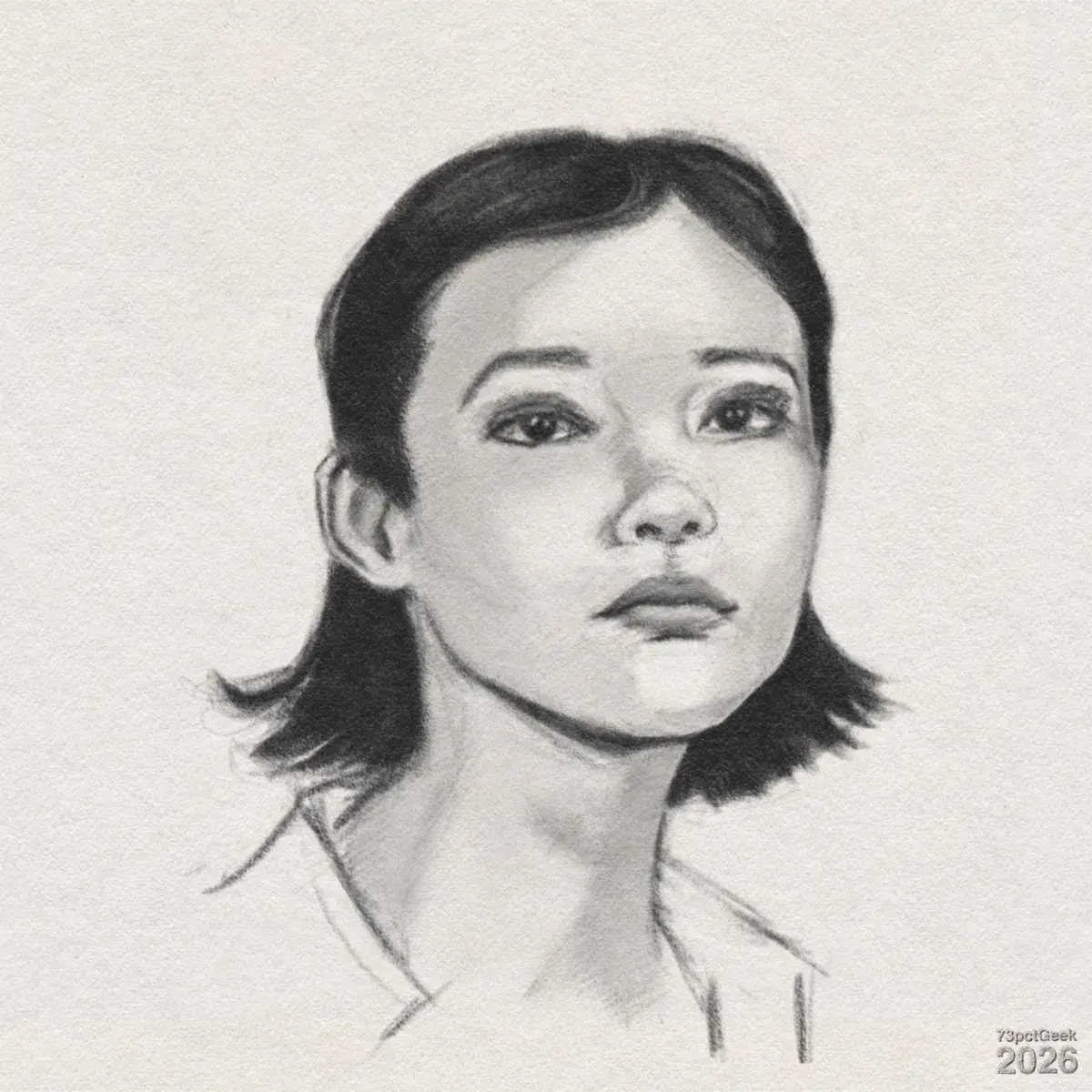 Digital graphite of a young woman from the shoulders up. She has a light skin tone and short, straight, dark hair that reaches just past the jaw and flares slightly outwards at the ends. Her head is tilted a little back and turned slightly to the viewer’s left, giving an upward, distant gaze. Her brows are dark and gently arched, and she has a straight nose and full mouth. The neck is long and slender, with strong shadow along the right side. The clothing is only lightly suggested with a few sketchy lines indicating a collar. Watermarked: 73pctGeek 2026.