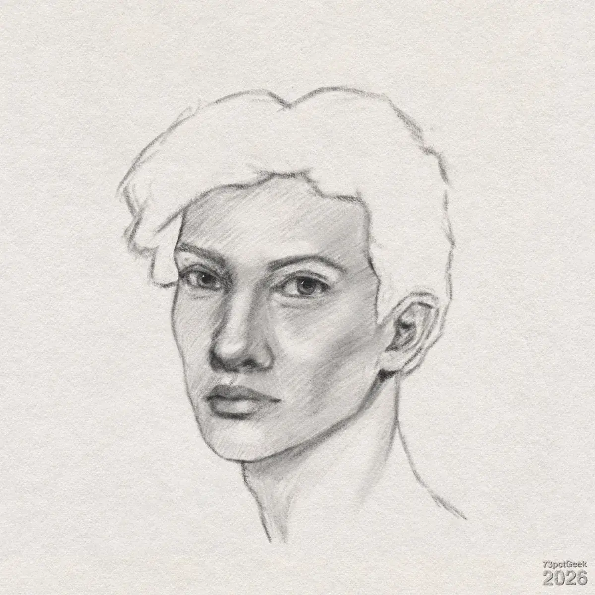 Digital graphite sketch of a man with light skin and short, wavy hair. His face is turned slightly to the left while the eyes look straight ahead. The brows are slightly arched, the nose is straight with soft shading along the bridge and sides, and the lips are full and closed in a neutral expression. Shading is concentrated on the right side of the face, under the cheekbone, around the eye sockets, and along the neck, creating a sense of three‑dimensional form and light coming from the left. The ear on the right side of the head is visible and detailed with inner folds indicated by fine lines. The hair is lightly sketched as a large, wavy mass, with only a few interior lines suggesting texture. Watermarked: 73pctGeek 2026.
