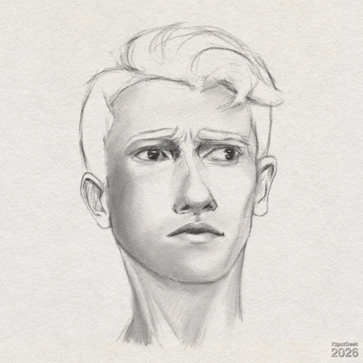 Digital graphite sketch of a young man’s head and neck shown from the front, turned slightly towards his left. He has an uneasy expression, brows raised and pulled together, and his eyes are wide and looking off to the left. His nose is straight and narrow, and his mouth is closed with the lips pressed together and tilted slightly downward. His hair is short on the sides with a fuller section on top that sweeps in a loose wave towards the right, drawn with light, flowing pencil strokes. His ears are visible on both sides. Shading on the left side of the face and neck suggests light coming from the right, giving the cheekbone, jawline, and neck muscles clear definition. Watermarked: 73pctGeek 2026.
