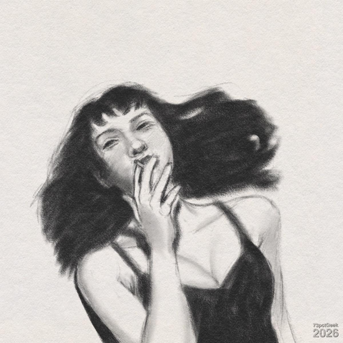 Digital graphite sketch of a woman in a black dress with long, dark hair. Her head is tilted slightly back and to the side, with a relaxed, almost dreamy expression, her hair spilling across the surface she rests on. Her eyes are half-closed, and she holds a cigarette to her mouth. The dress has thin straps and a low neckline that shows her collarbones and the upper part of her chest. Watermarked: 73pctGeek 2026.
