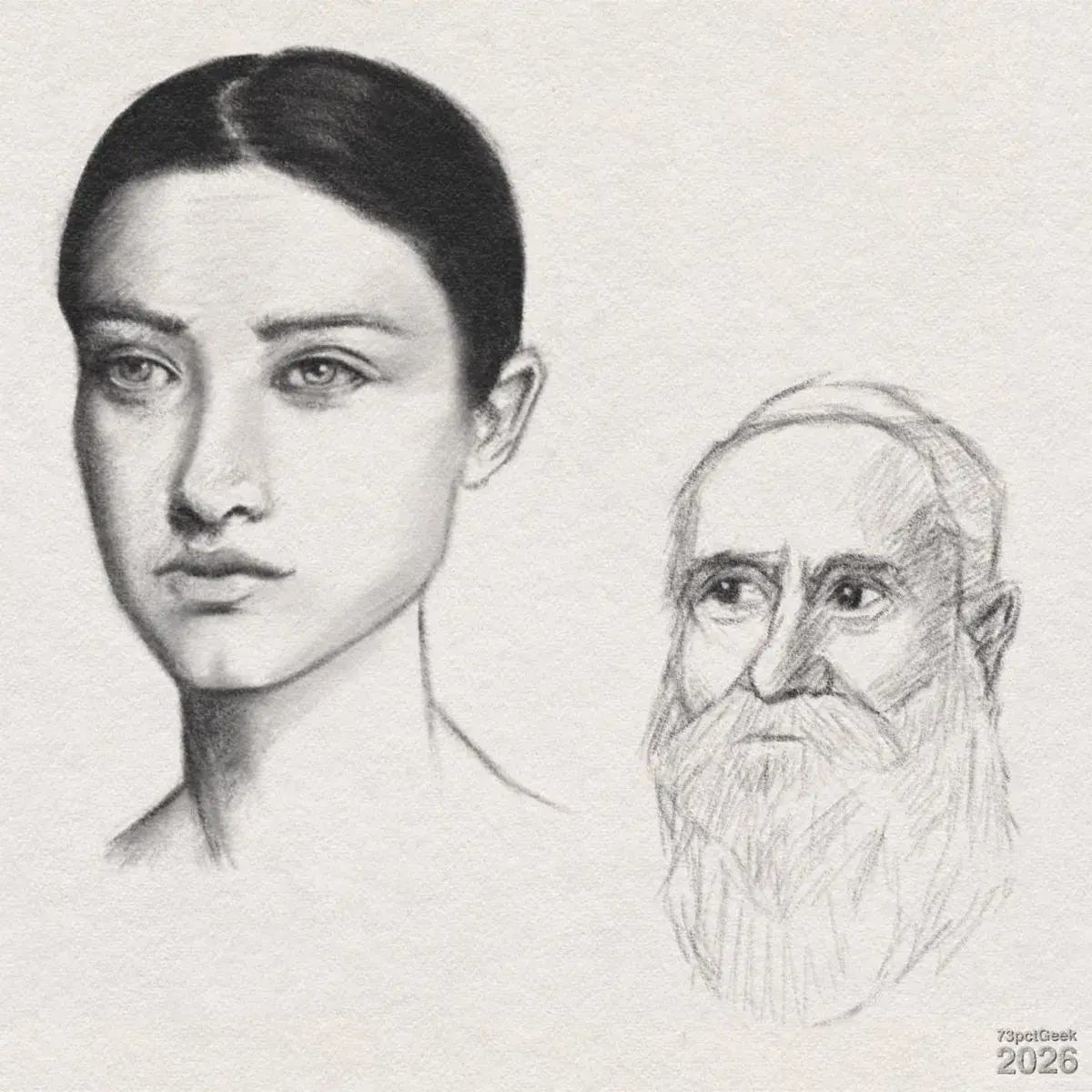 Digital graphite sketches of two different faces. Left: A young woman from the shoulders up, facing slightly rightward. She has light skin, a straight nose, full lips, light eyes, and straight brows. Her dark hair is centre-parted and pulled back. Her long, slender neck is shaded to imply form, and her shoulders fade away. Right: A simpler, sketchier drawing of an older man. His head is turned slightly to the left, and he has a high forehead. Dark brows frame deep-set eyes with a somewhat weary expression. His long, straight nose is shaded along the sides. His small, closed mouth is framed by a long, full beard that reaches down towards the chest. The beard is indicated with loose pencil strokes, and the moustache blends into it. Watermarked: 73pctGeek 2026.
