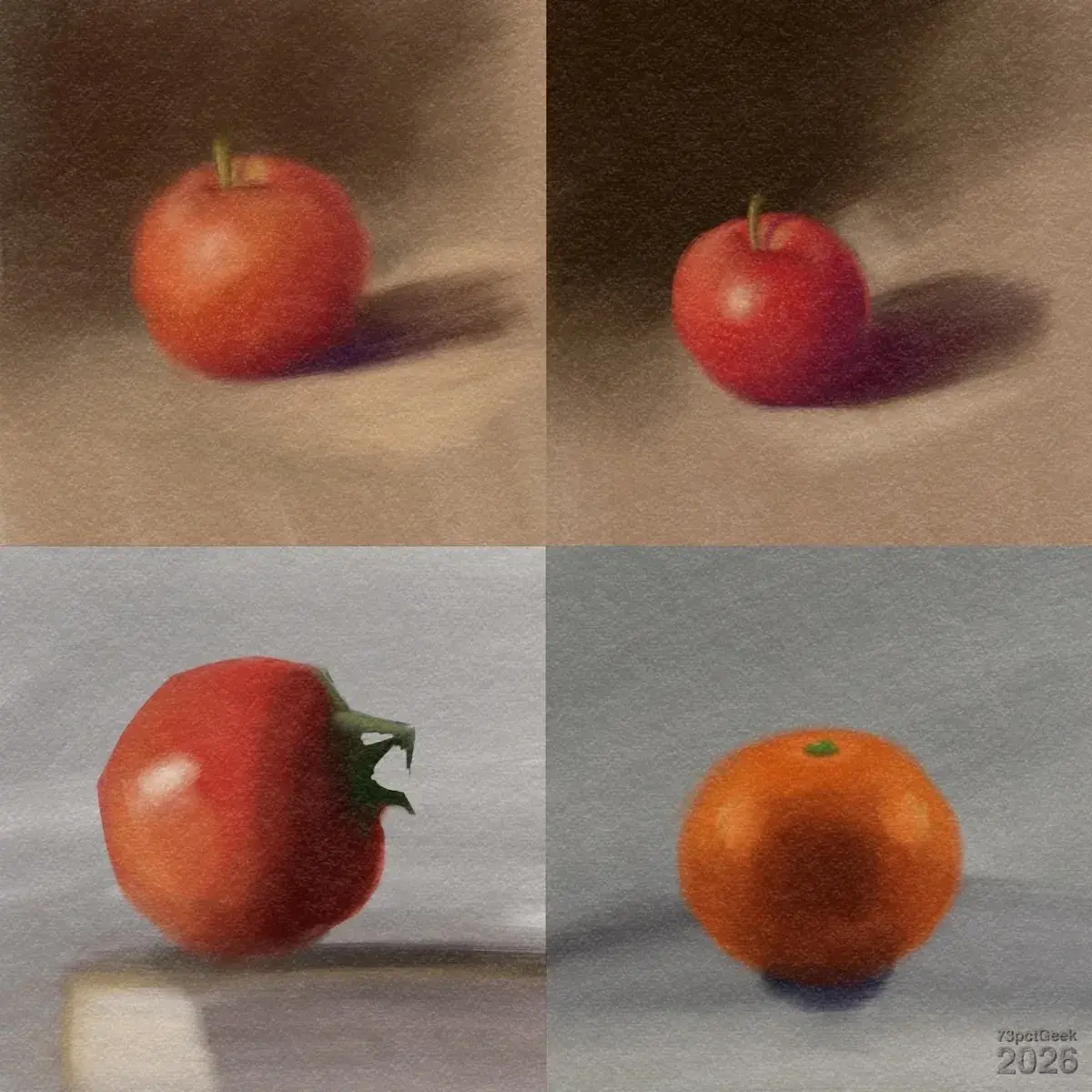 Four digital colour studies of red and orange fruits. Top left: A single red apple with a short green stem sits on a beige surface, lit from the left. A soft purple-grey shadow extends to the right. The background is a smooth gradient from darker brown at the top to lighter tan near the fruit. Top right: Another red apple, slightly smaller and rounder, with a thin green stem. The lighting is more dramatic, with a darker brown background and a stronger, darker shadow trailing to the right on a tan surface. Bottom left: An orangey red tomato with a green leafy stem end faces left. It rests near the edge of a light-coloured surface, with a grey background. Bottom right: A small orange with a tiny green spot on top where the stem would be. It sits on a grey surface with a soft, bluish shadow below and behind it. Watermarked: 73pctGeek 2026.