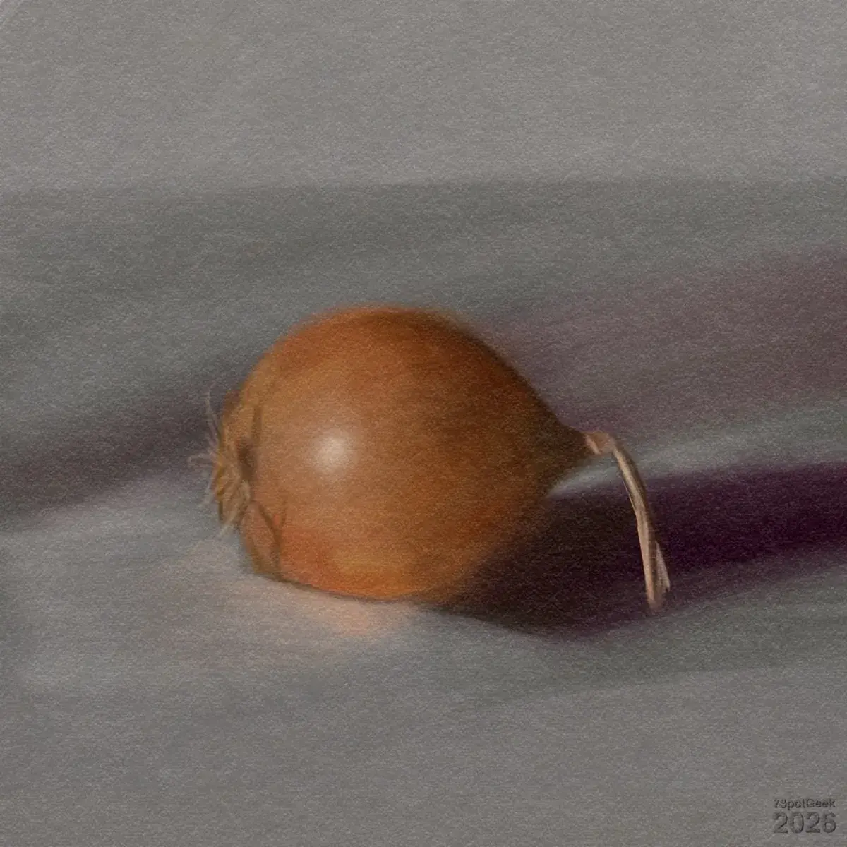 Digital colour study of a single brown onion resting on a flat surface. The onion is whole, with smooth golden‑brown skin and a dried root end on the left side. A thin, curved dried stem extends from the right side and arches upward slightly before pointing down. Soft light comes from the left, creating a small bright highlight on the upper left of the onion and a long, dark shadow cast to the right. The surface and background are smooth and muted, in grey and purplish tones, giving the image a calm, minimal still‑life feel. Watermarked: 73pctGeek 2026.