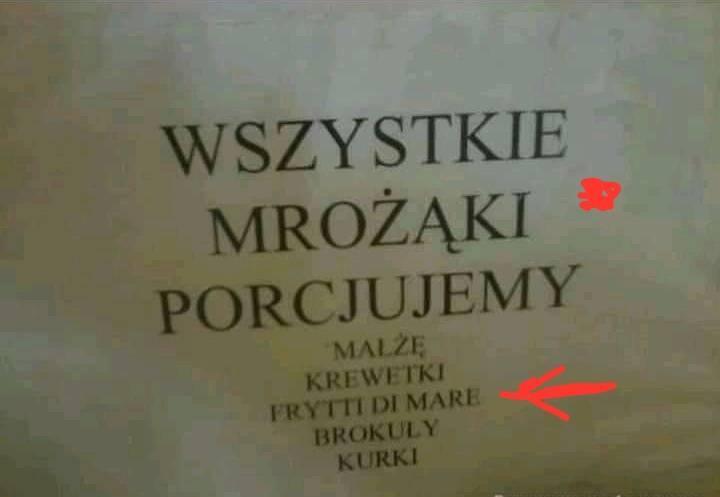 Plakat z polskim napisem „WSZYSTKIE MROŻĄKI PORCUJEMY” i listą potraw poniżej, z czerwonymi strzałkami wskazującymi tekst. Jedną z nich jest „Frytti di mare”.