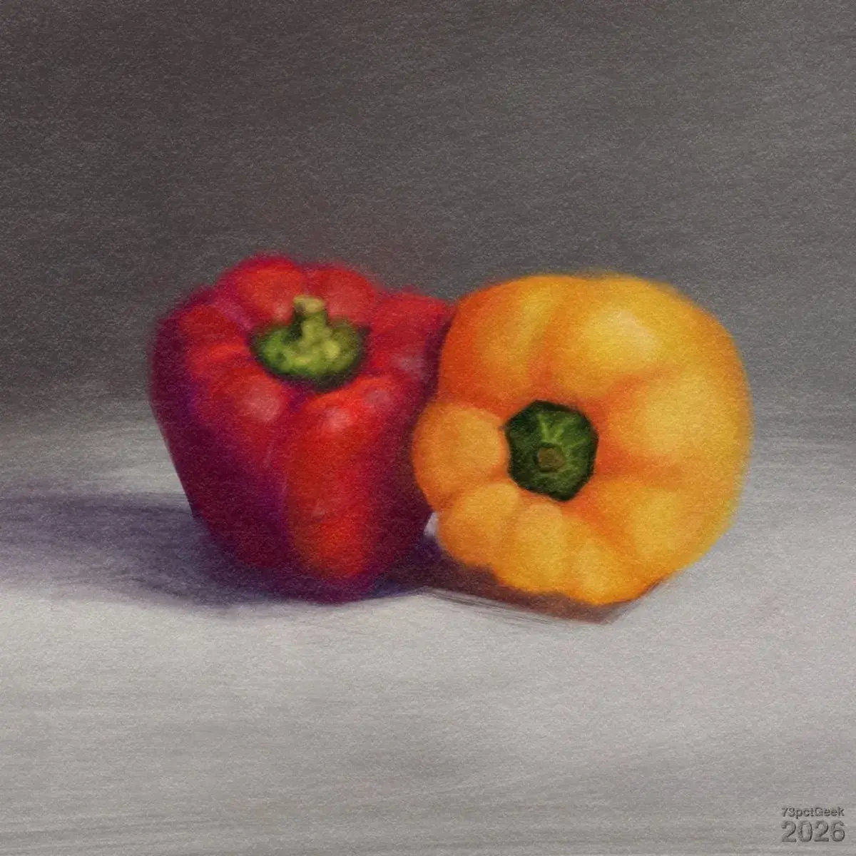 Digital colour study of two bell paprikas resting on a flat surface. On the left is a red paprika standing upright with a green stem on top; its surface is smooth and glossy with soft highlights that make it look slightly reflective. On the right is a yellow paprika lying on its side so that the green stem faces forward; its shape is a little more rounded and flattened than the red one, with gentle shading giving it a plump, three‑dimensional look. The background and surface are simple shades of grey, fading from darker behind the peppers to lighter in front, so the brightly coloured peppers stand out as the main focus. Watermarked: 73pctGeek 2026.