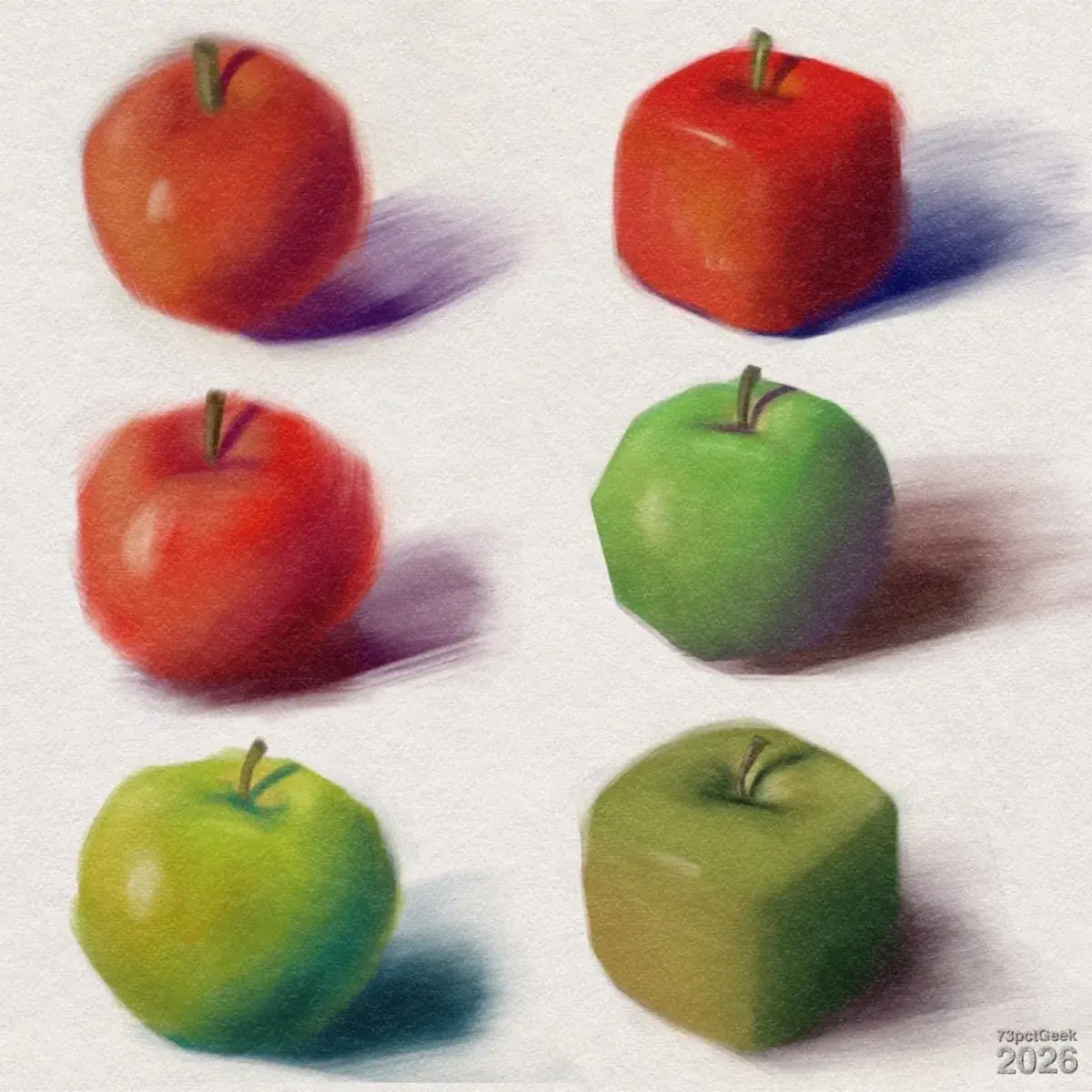 Digital colour studies of six stylised apples are arranged in two rows of three. The top left apple is round, shiny red with a short brown stem and a purple-tinted shadow. The top right apple is cube-shaped, red with a brown stem and a bluish-purple shadow. The middle left apple is orangey-red with bright highlights and a soft purple shadow. The middle right apple is slightly faceted, green with a short stem and a warm, brownish-purple shadow. The bottom left apple is round, yellow-green with teal tones in the lower part and a cool blue shadow. The bottom right apple is cube-shaped, greenish-brown with a stem in a shallow dimple on top and a soft greyish-purple shadow. Watermarked: 73pctGeek 2026.