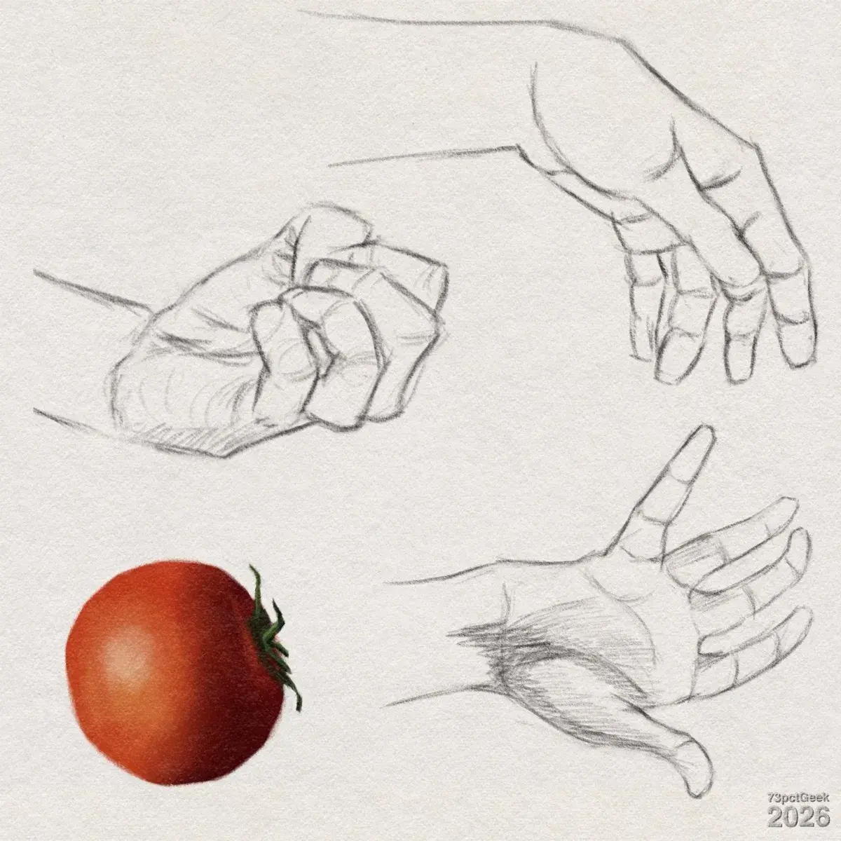 Digital graphite sketches of three hands and a colour study of a tomato. The top-right hand is relaxed, fingers loosely bent and spaced apart, with light shading showing knuckles and joints. The lower-right hand is open, thumb extended, and four fingers slightly curved, with sketchy shading at the thumb base and palm. The left hand is in a loose fist, knuckles forward, and thumb resting over the folded fingers, with heavier pencil lines indicating creases and joints. Near the lower-left corner, a red tomato with smooth shading, a shiny highlight, and a small green stem and leaves. Watermarked: 73pctGeek 2026.