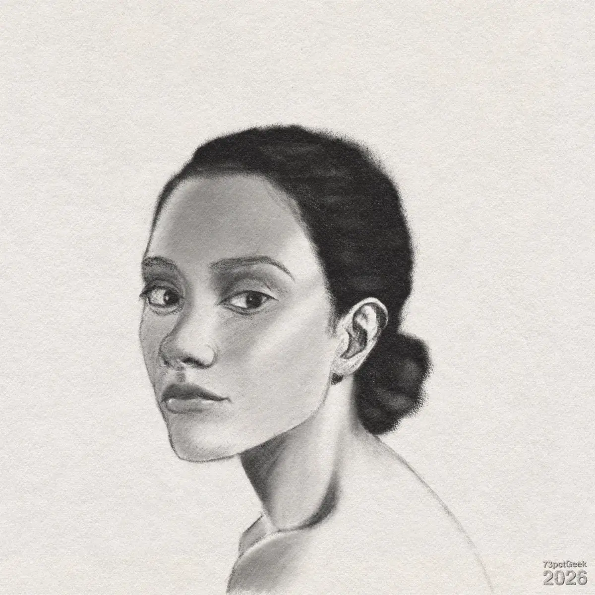 Digital graphite sketch of a woman in 3/4 view. Her medium skin tone is shaded to highlight her cheeks, nose, and jawline. Her head is slightly turned over her left shoulder, revealing her right side as she gazes calmly outward. Her dark hair is neatly pulled back into a low bun. The hairline is clean, indicated with smooth, dark tonal areas. Her long, slender neck has strong shadows under the jaw and along the side of the throat, creating depth and light from the left. Only the top of her shoulders and upper chest are shown, with shading suggesting collarbones and shoulder curve. Watermarked: 73pctGeek 2026.