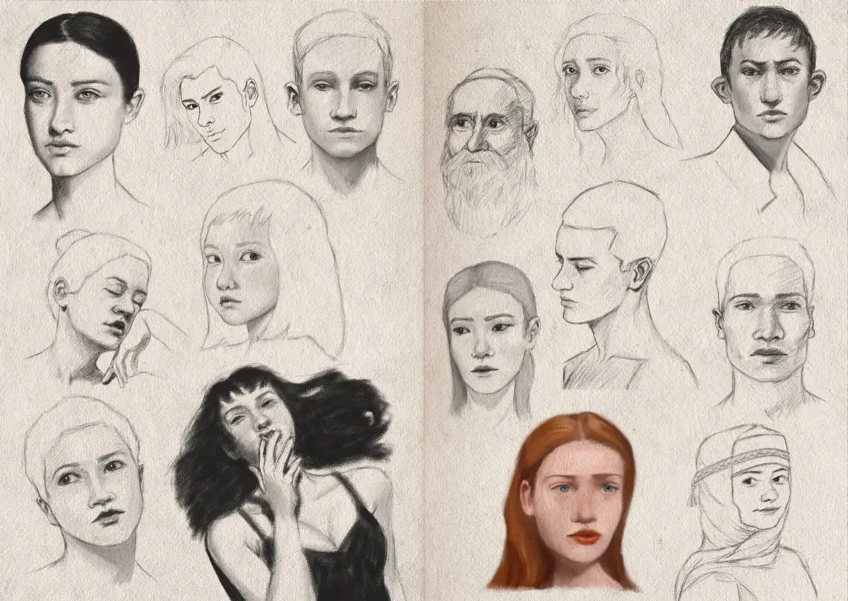 Two-page sketchbook spread filled with fifteen studies (one colour, and fourteen in digital graphite) of diverse faces of varying ages, and expressions.