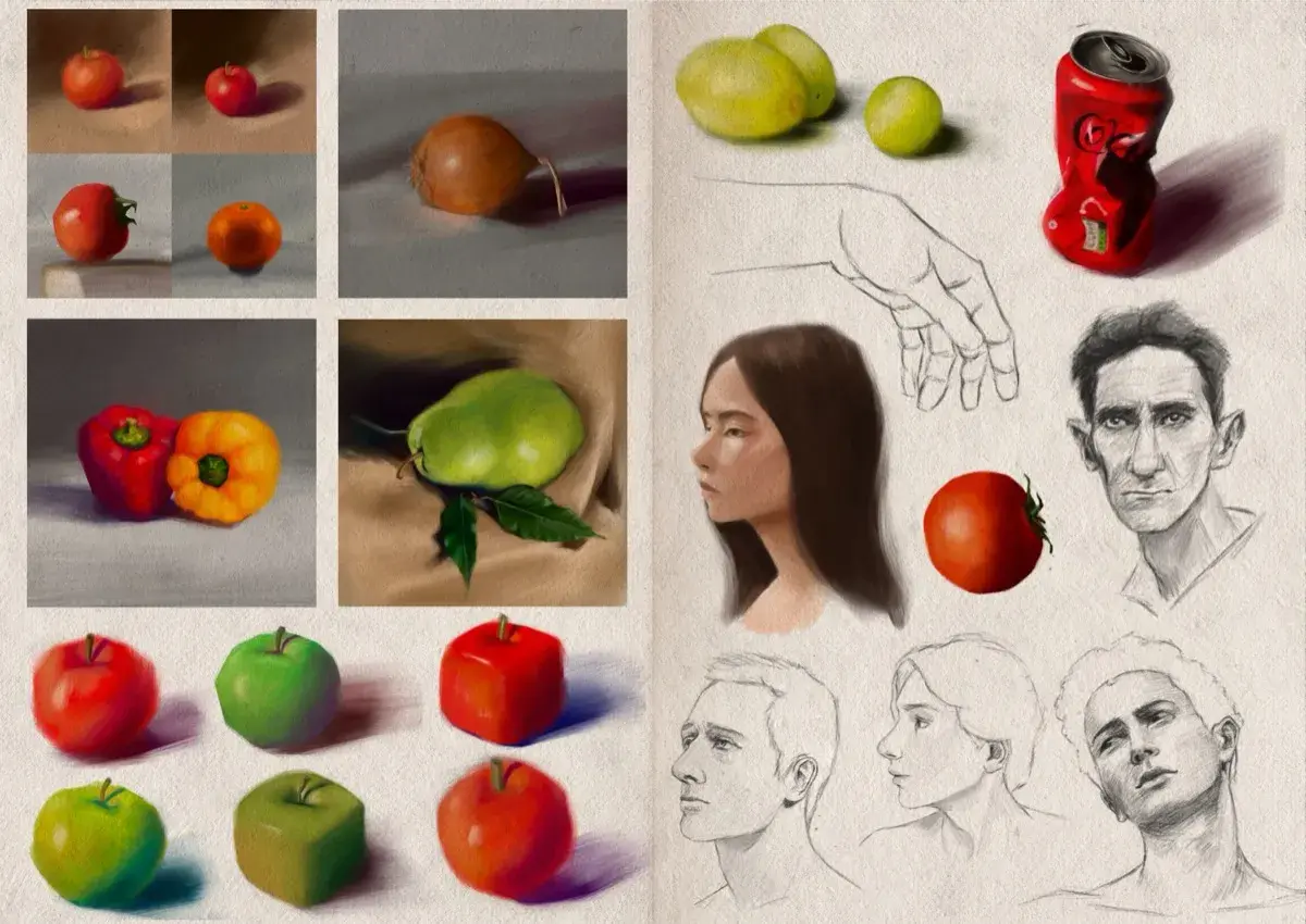 Two-page sketchbook spread filled with colourful studies of still life objects, including tomatoes, onions, paprikas, and apples (rendered both round and as cubes), pears, grapes, and a crushed soda can. There are also digital graphite sketches depicting a hand, four portrait sketches shown in profile and front view, and a single colour study of a woman's face.