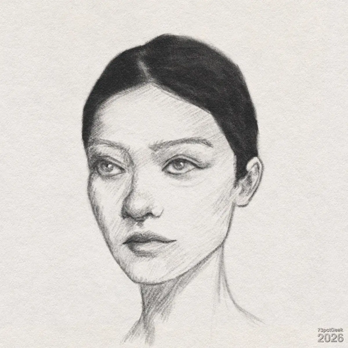 Digital graphite sketch of a young woman drawn from the shoulders up, facing slightly to the viewer’s left. Her dark hair is parted in the middle and pulled smoothly back. Her face is slender with straight brows and large eyes with faint bags under. Her narrow, straight nose has light shading along the bridge and around the nostrils. Her lips are full but relaxed, closed, and slightly downturned at the corners. Overall shading gives the impression of light falling from the upper left, with more shadow on the right side of the face and under the chin. Her neck is long and slender, with strong vertical shading along the sides and under the jaw, suggesting depth and musculature, fading as it approaches the shoulders. Watermarked: 73pctGeek 2026.