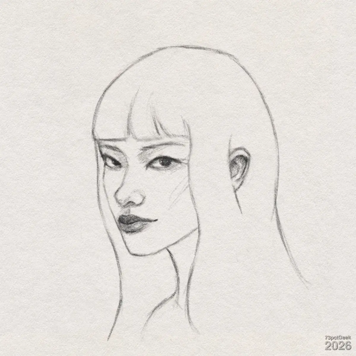 Digital graphite sketch of a young woman. Her head and upper neck are turned slightly to her right. Her gently arched, fairly thin brows and narrow, softly defined nose are lightly shaded. Her full, heavily shaded lips suggest lipstick. Subtle sketch lines help shape her slightly angular face. Her long hair falls straight down on both sides of her face and neck, with simple contour lines, and her fringe forms a neat, curved line across her forehead. One ear is visible on the far side of her head, drawn with inner structure lines. Watermarked: 73pctGeek 2026.