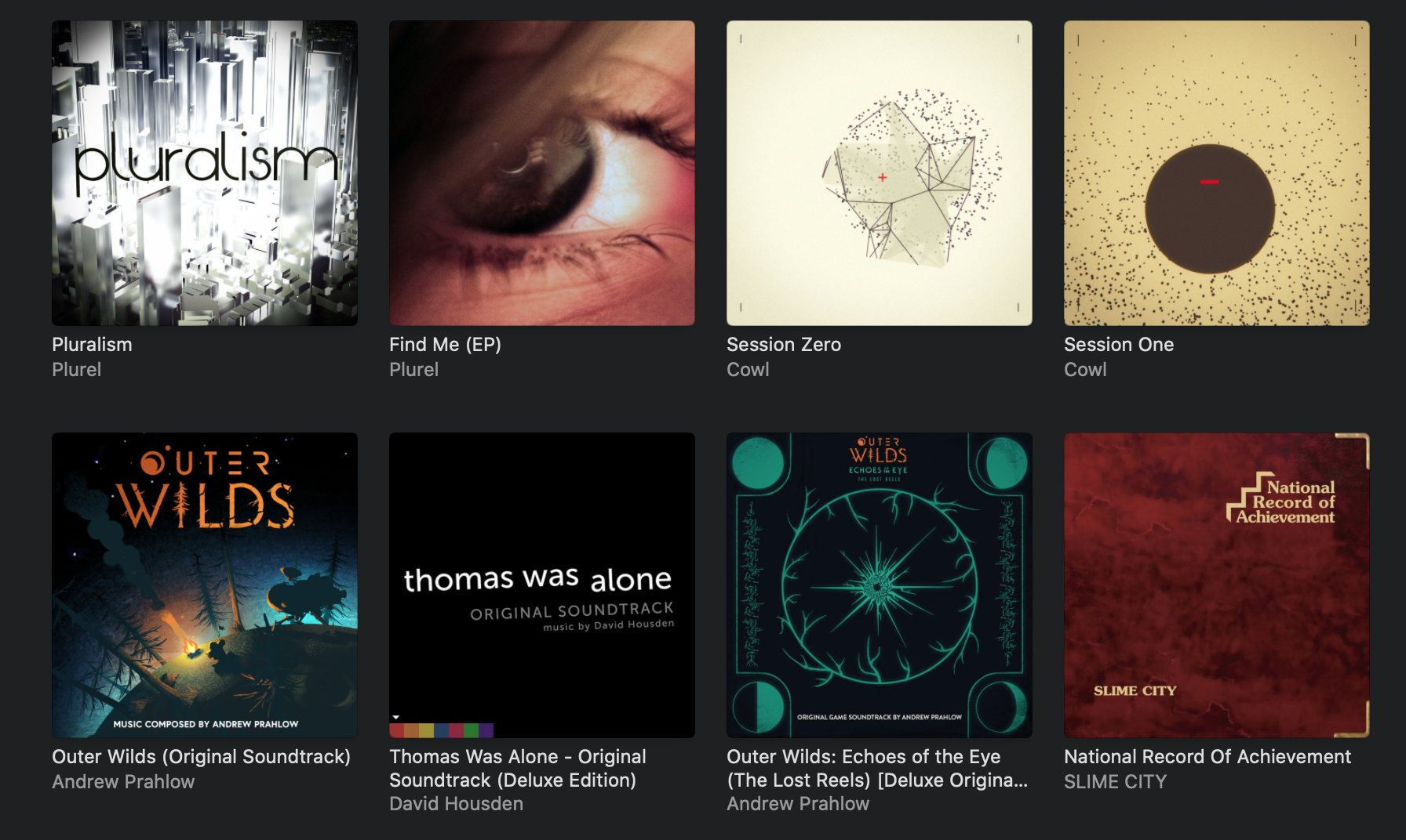 Screenshot of a music library software, showing recently added albums, which are:
- The whole Red Means Recording/Jeremy Blake back catalogue
- OST for the game Outer Wilds, and the expansion 'Echos of the Eye'
- OST for the game Thomas Was Alone
- Slime City's Nation Record of Achievement