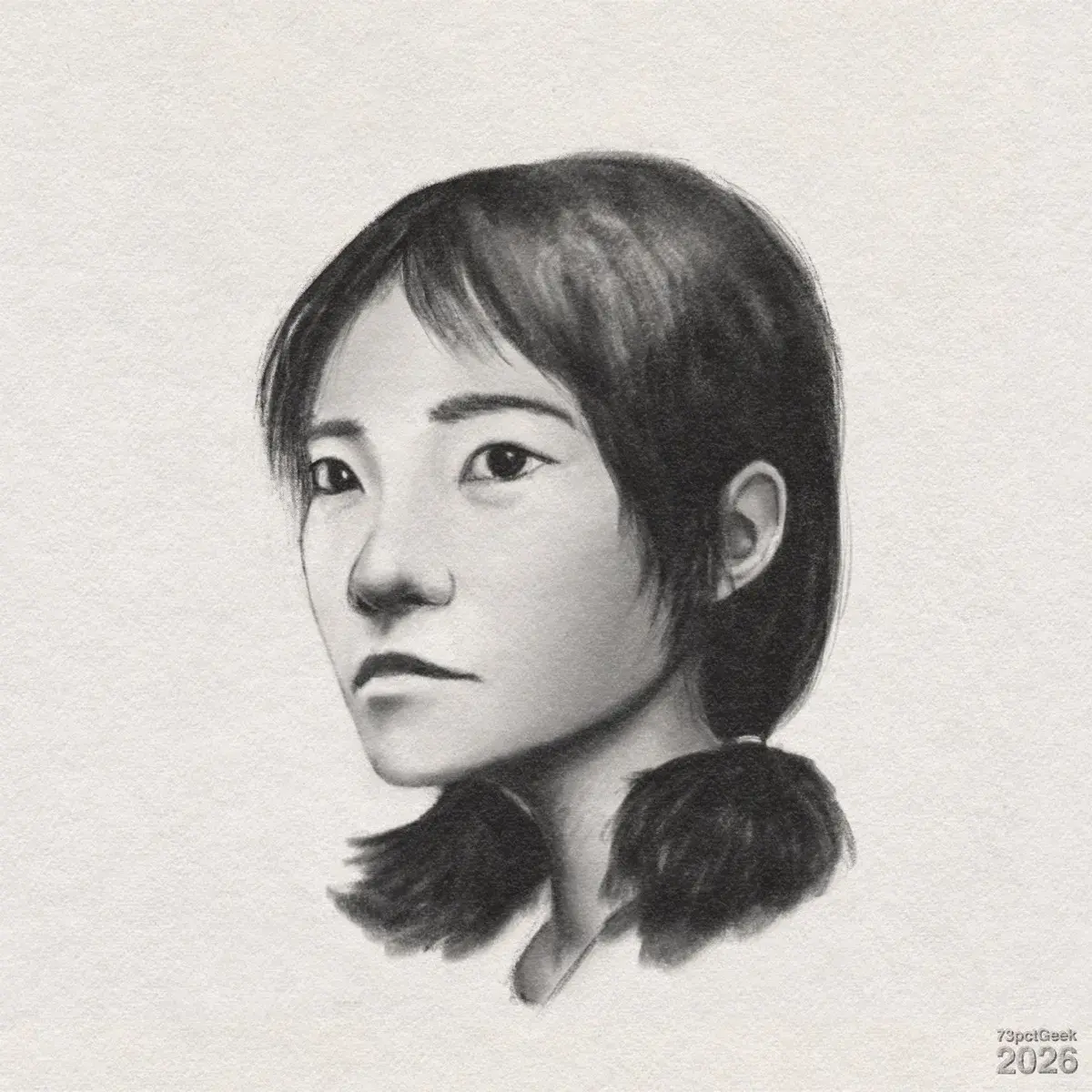 Digital charcoal portrait of a young woman turned slightly to her right. She has light skin and a neutral expression. Her eyes are large, dark, and focused forward, with defined upper eyelids and soft brows. Her dark hair is medium-length, parted near the middle, and is gathered into two low, loose pigtails by the base of her neck. She has a slender neck with shadows suggesting tendons and a hint of a collar or neckline at the bottom. Watermarked: 73pctGeek 2026.