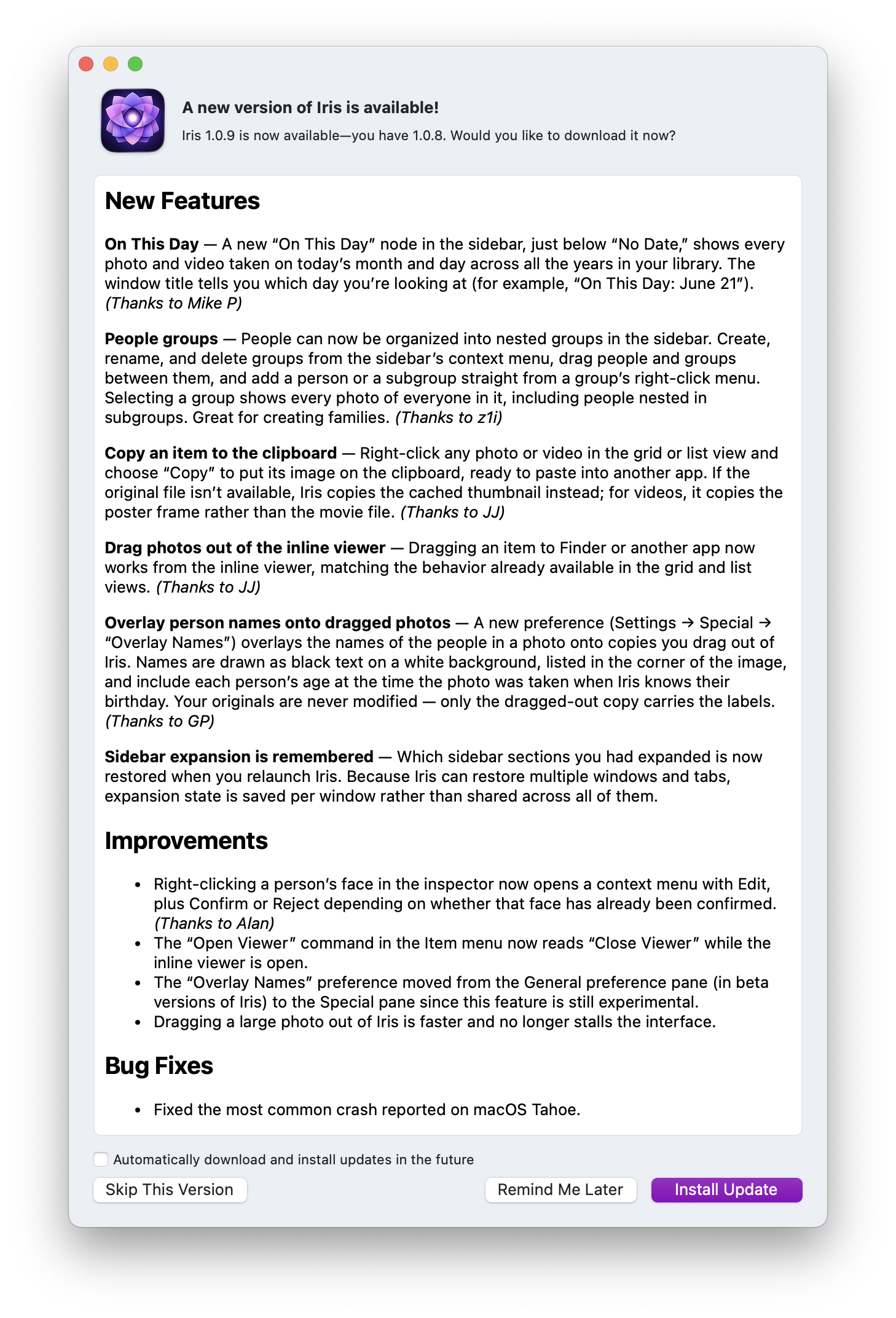Screenshot of the release notes for Iris Photos on macOS.

# Iris 1.0.9

## New Features

**On This Day** — A new "On This Day" node in the sidebar, just below "No Date," shows every photo and video taken on today