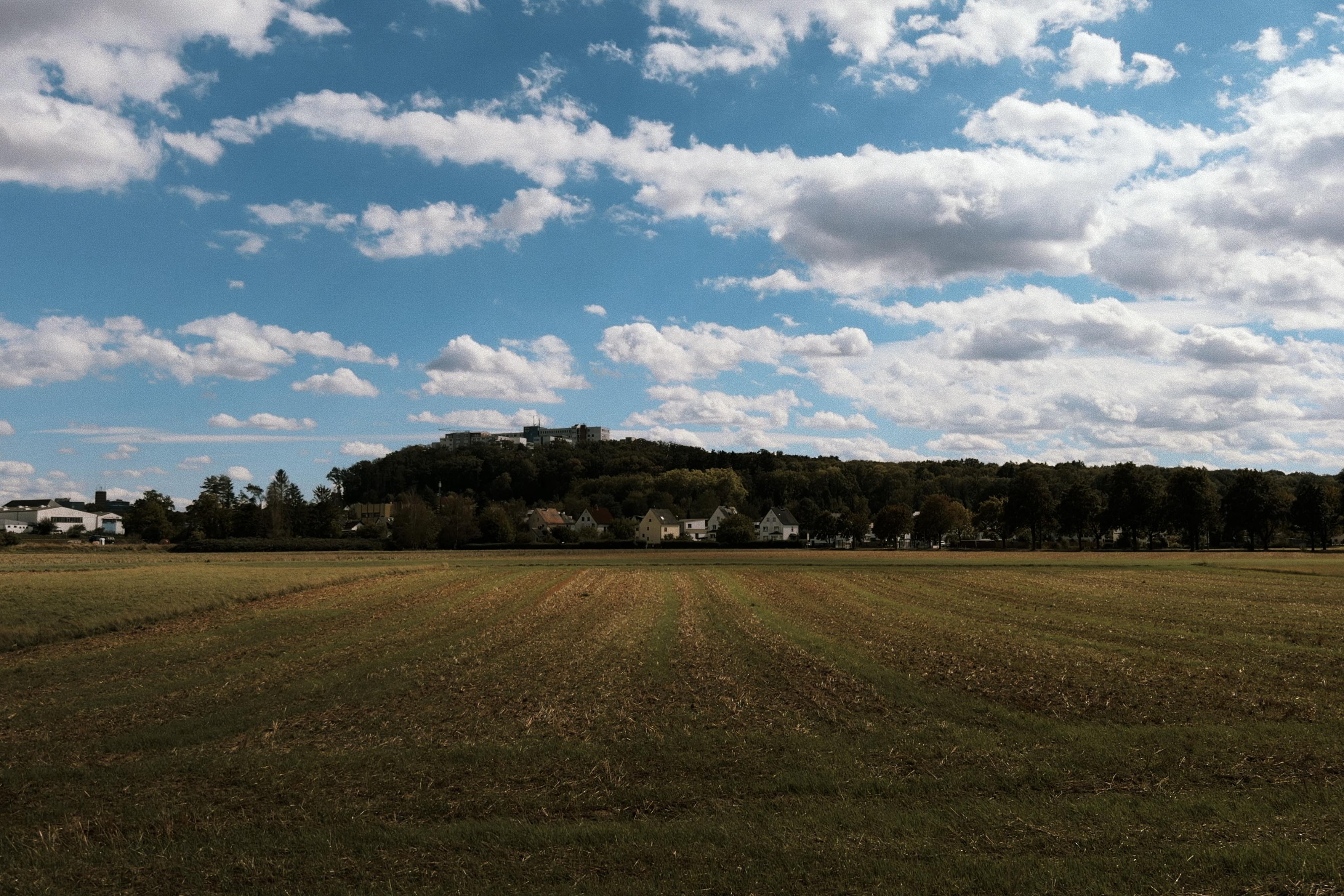 Wide view across fields toward a wooded hill and distant buildings under a bright blue, cloud-filled sky.