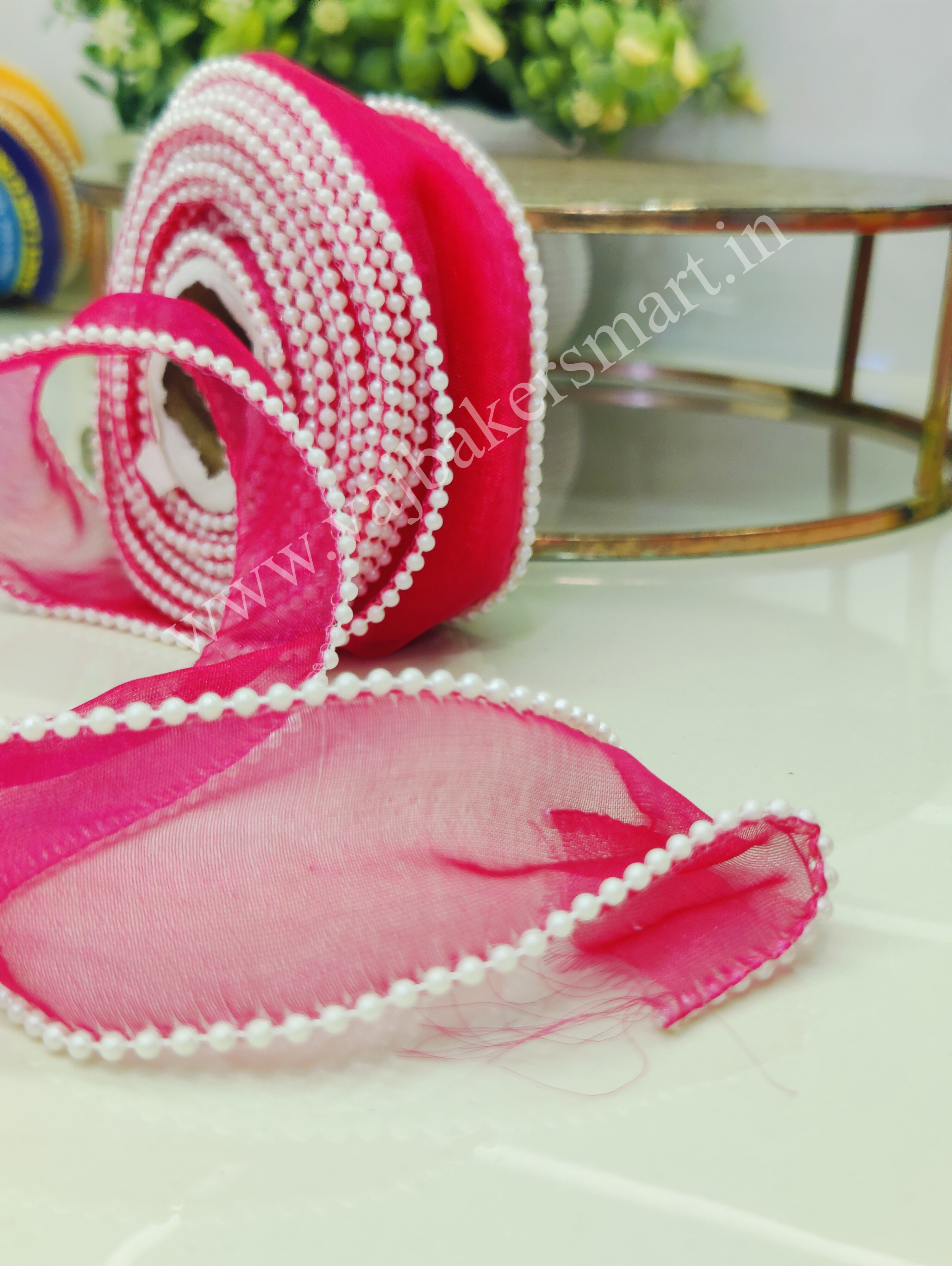 PR11 Pearl Organza Ribbon 1M - Hot Pink