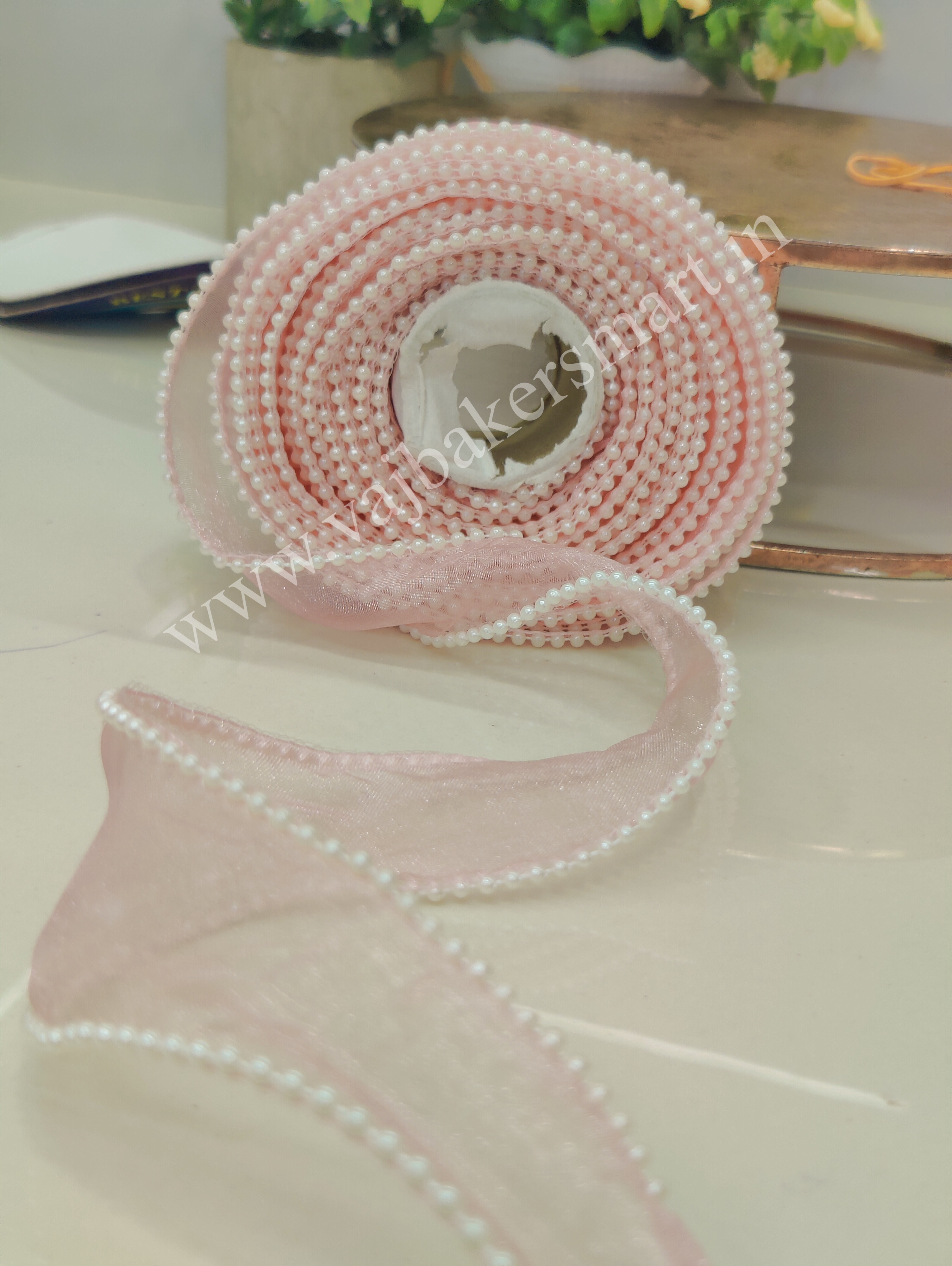 PR6 Pearl Organza Ribbon 1M - Baby Pink