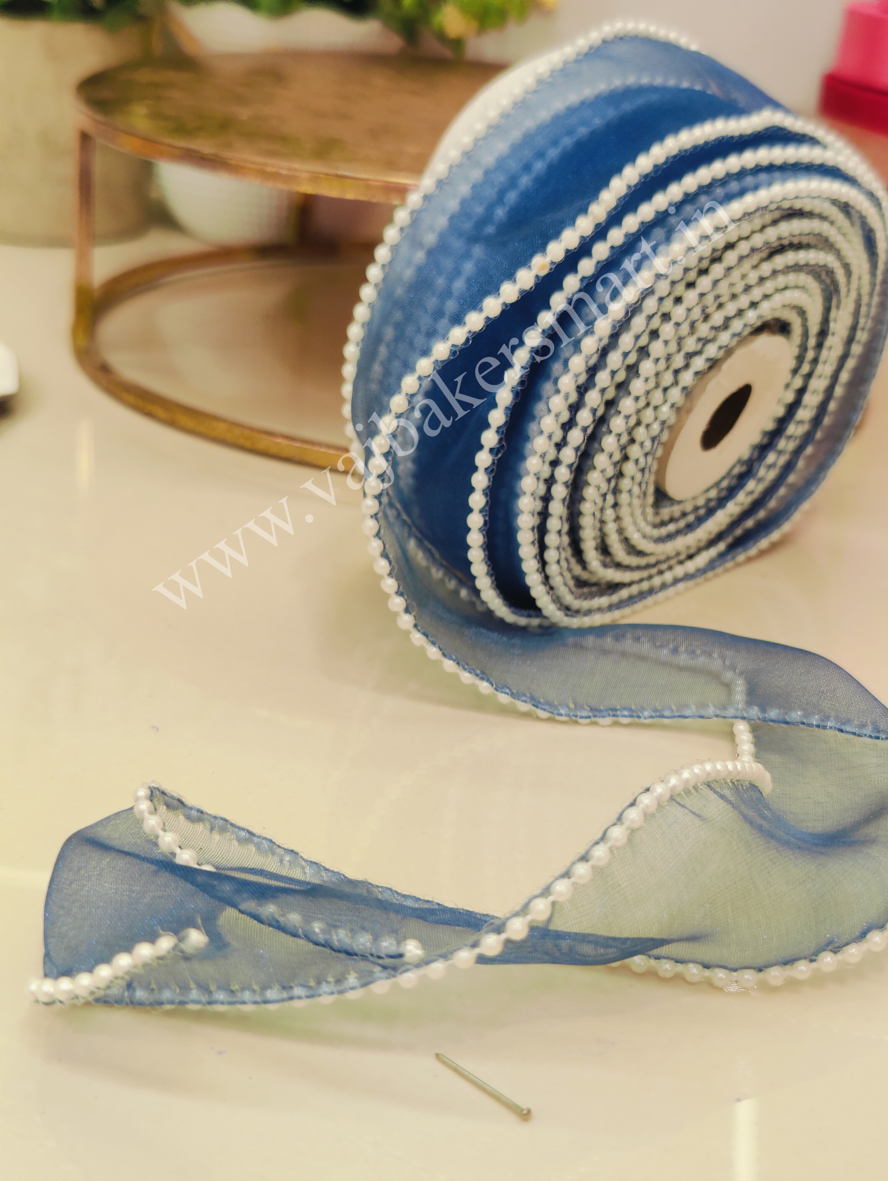 PR8 Pearl Organza Ribbon 1M - Royal Blue