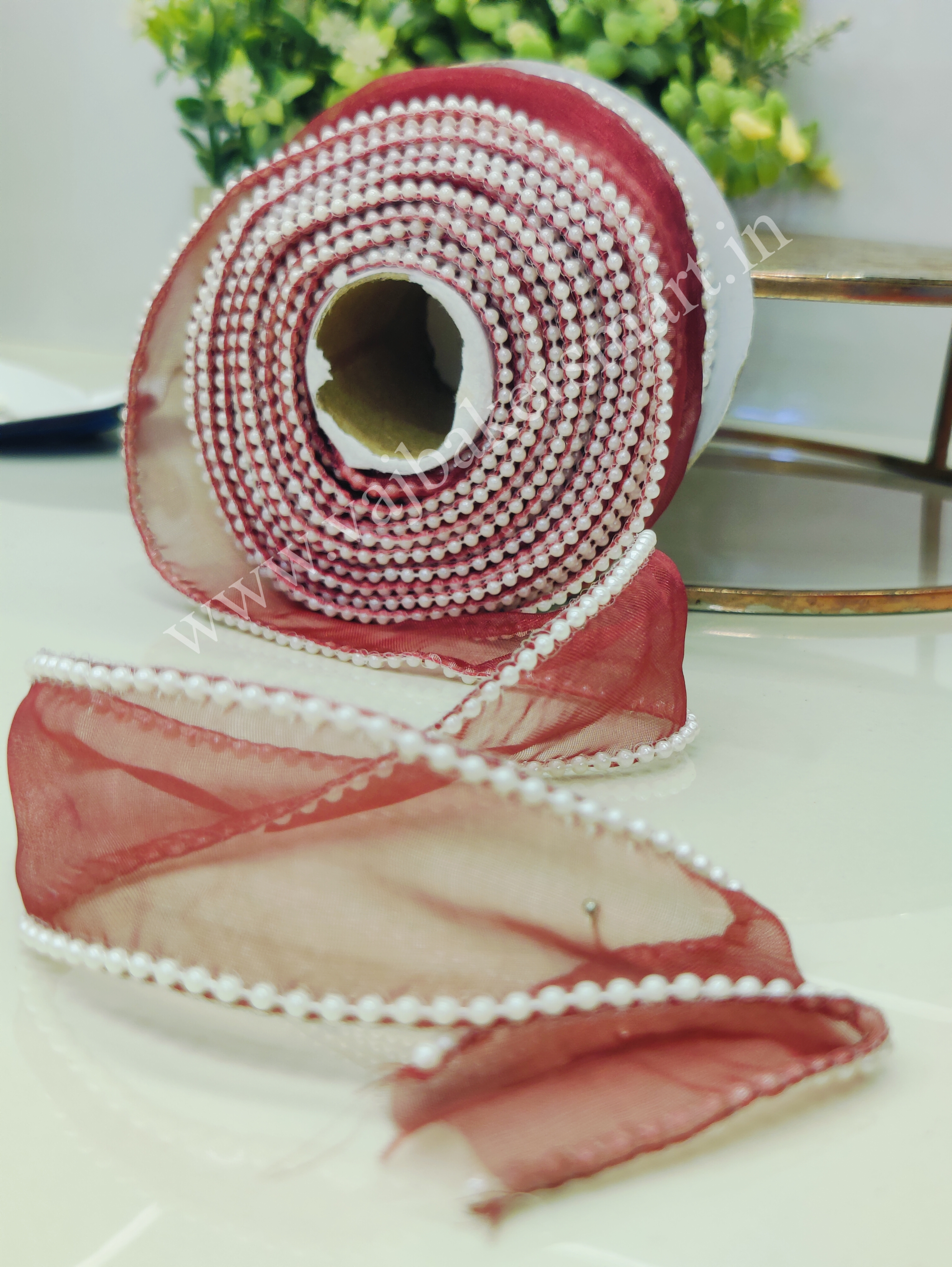PR10 Pearl Organza Ribbon 1M - Wine Red