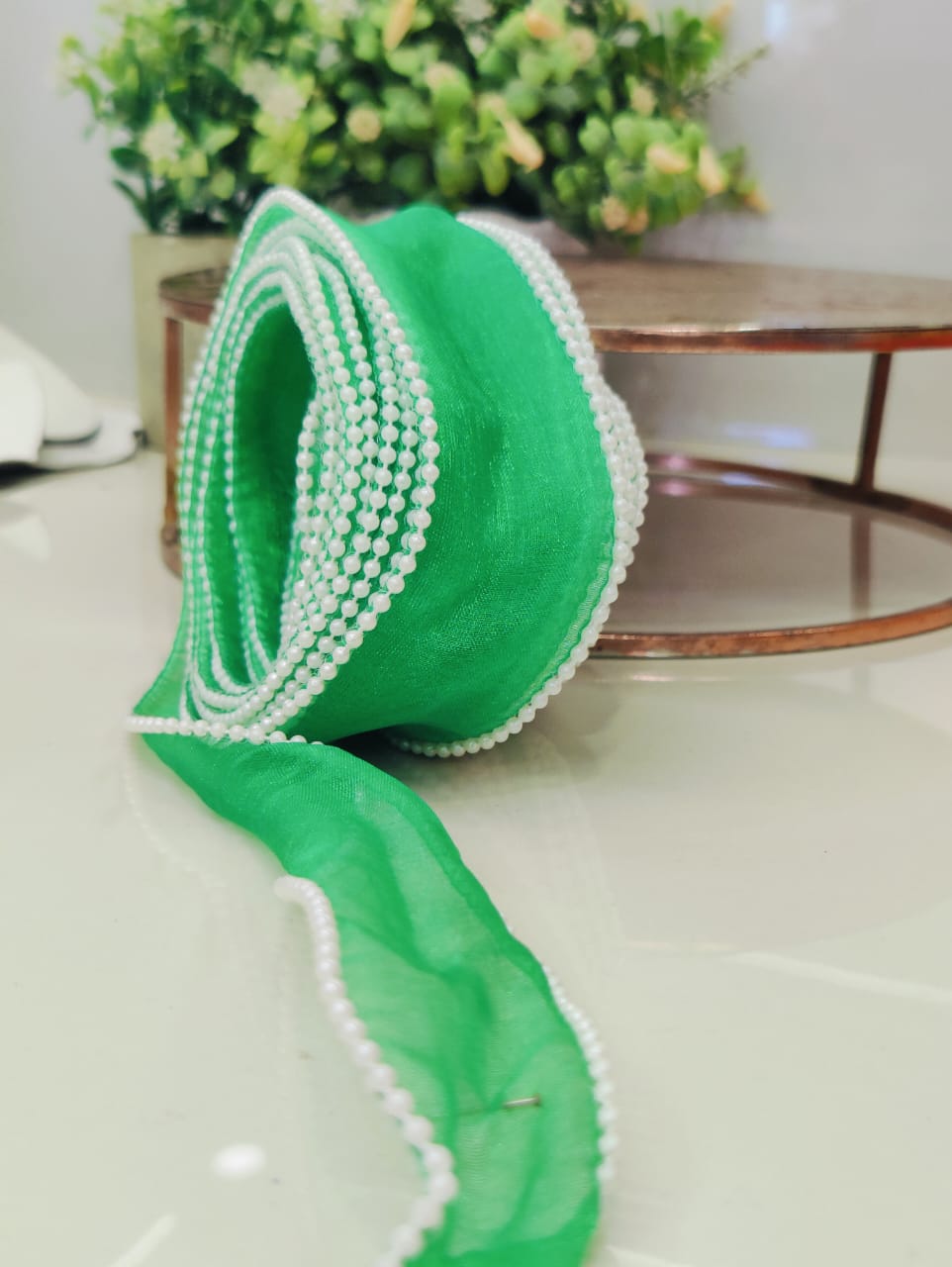PR9 Pearl Organza Ribbon 1M - Dark Green