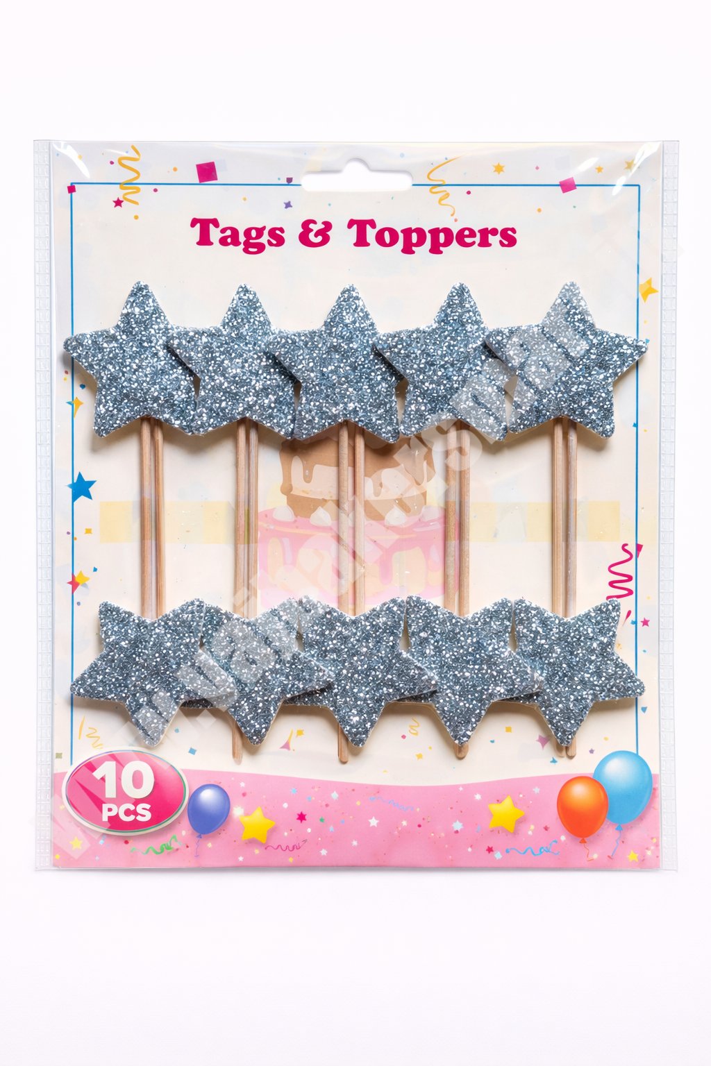 Foam Glitter Silver Star Topper with Stick (Pack of 10)