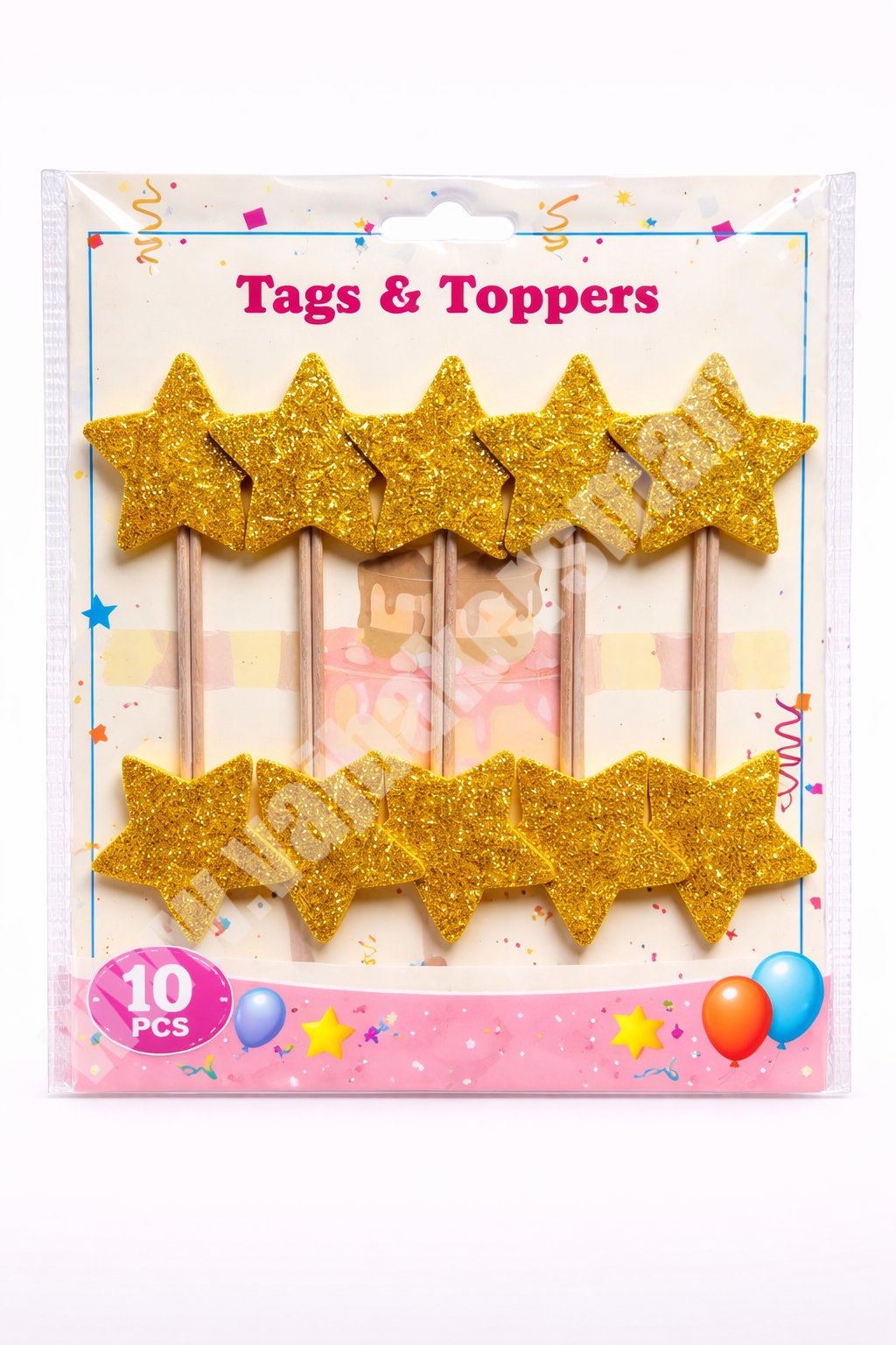 Foam Glitter Gold Star Topper with Stick (Pack of 10)