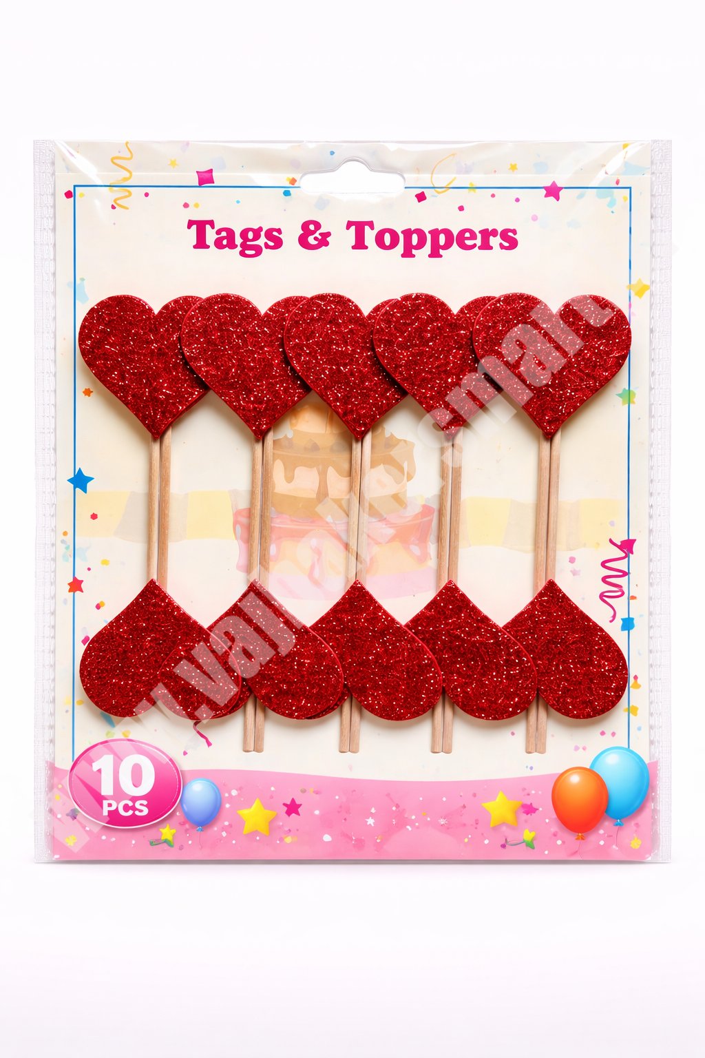 Foam Glitter Red Heart Topper with Stick (Pack of 10)