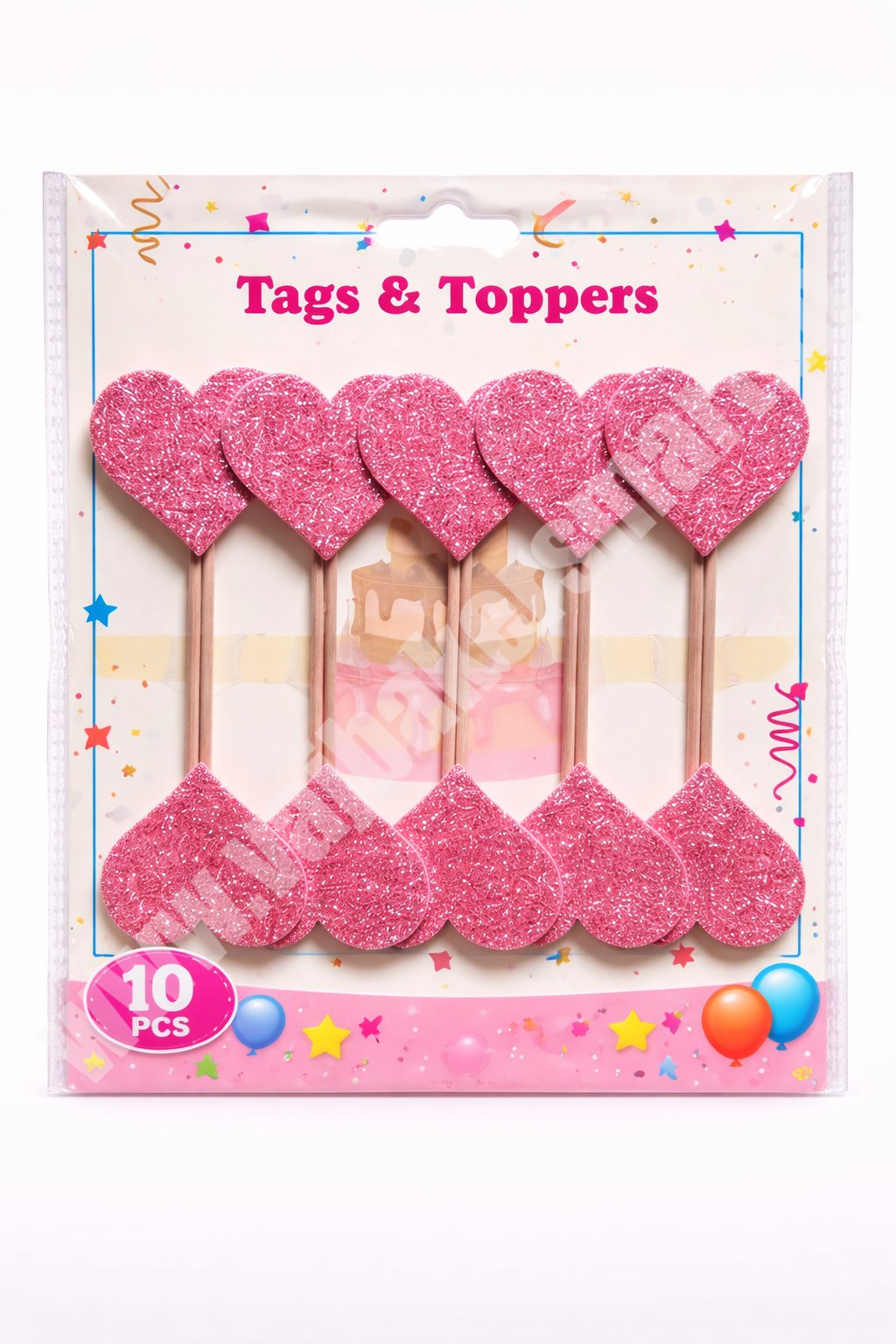 Foam Glitter Pink Heart Topper with Stick (Pack of 10)