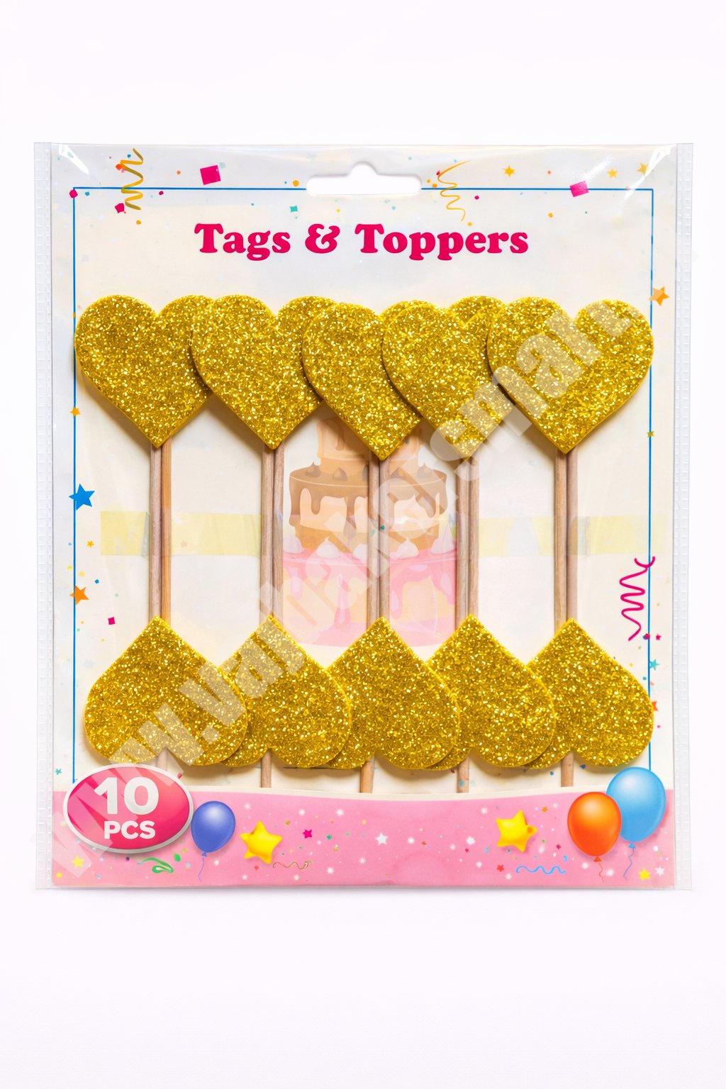 Foam Glitter Gold Heart Topper with Stick (Pack of 10)