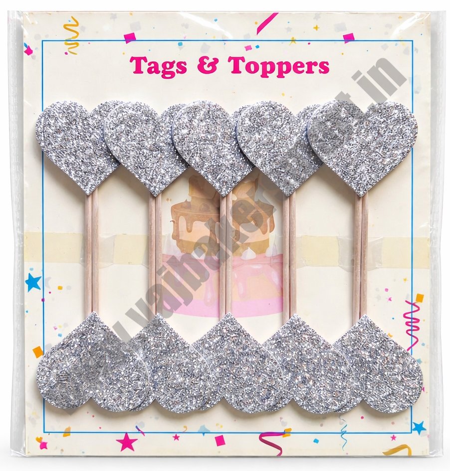Foam Glitter Silver Heart Topper with Stick (Pack of 10)