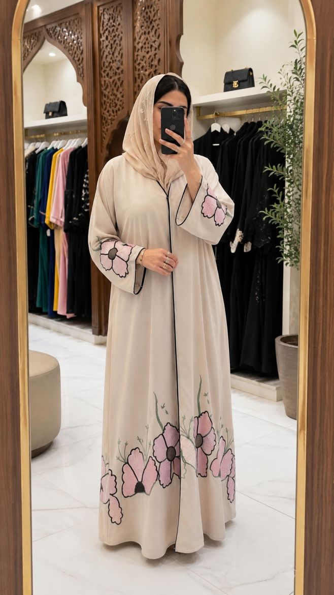 عباية بيج بتطريز زهور