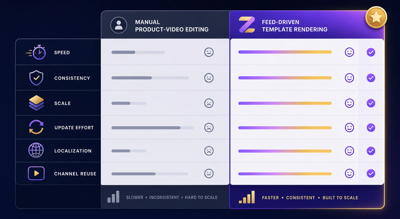 Manual editing versus feed-driven product video rendering comparison