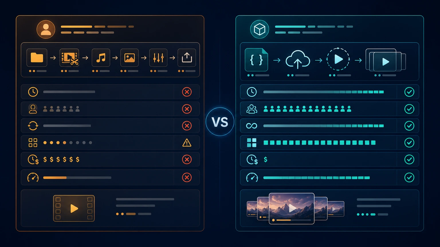 Comparison chart for manual editing versus JSON to video API workflows